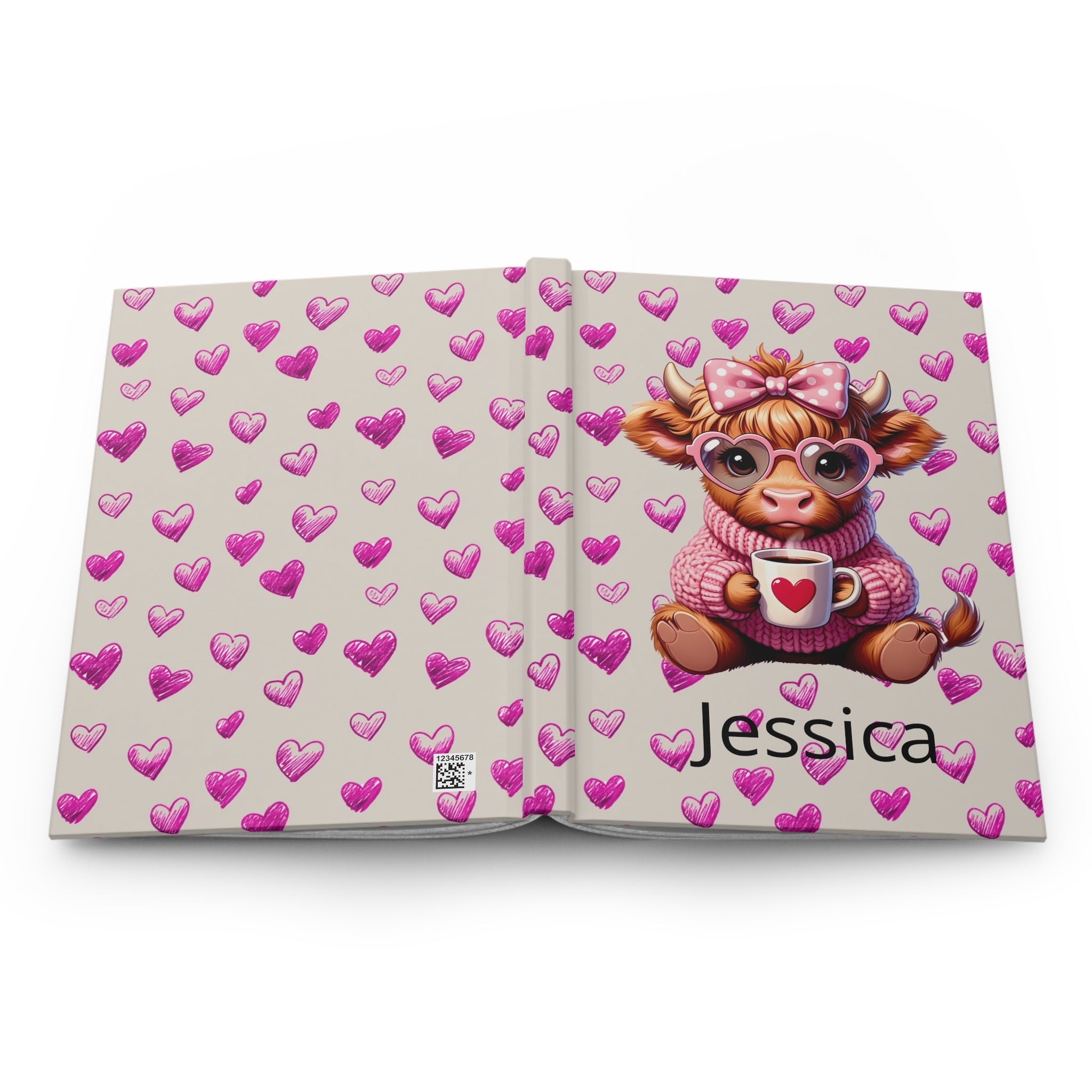 Personalized Highland Cow with Hearts Hardcover Journal, Custom Valentines Diary Notebook