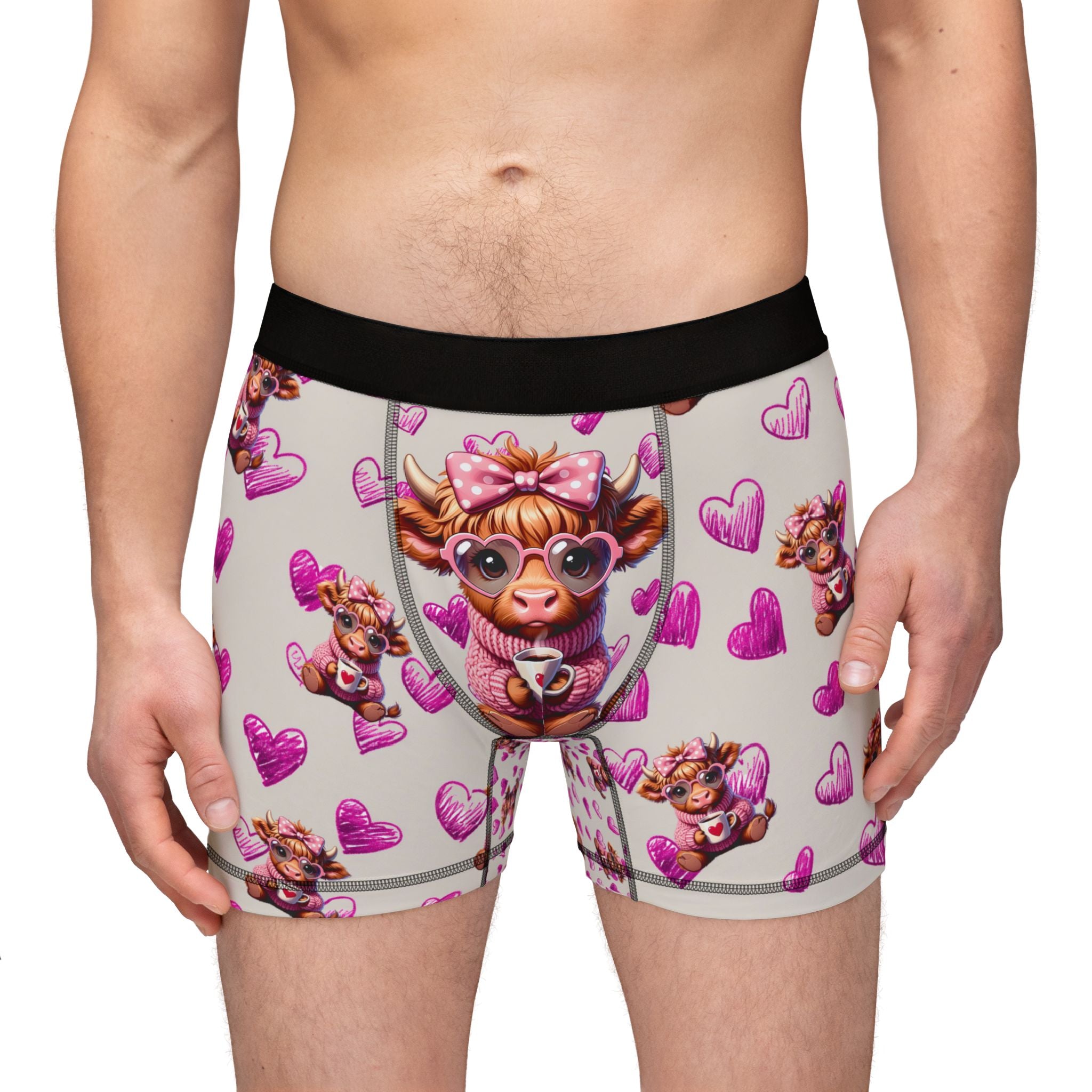 Highland Cow Pink Hearts Boxer Shorts, Valentines Mens Boxers Underwear