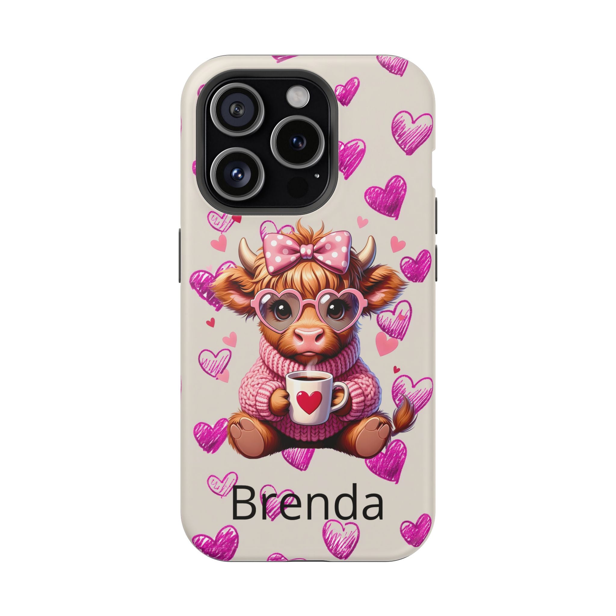 Highland Cow With Pink Hearts iPhone Case, Valentines Magnetic Impact-Resistant Case
