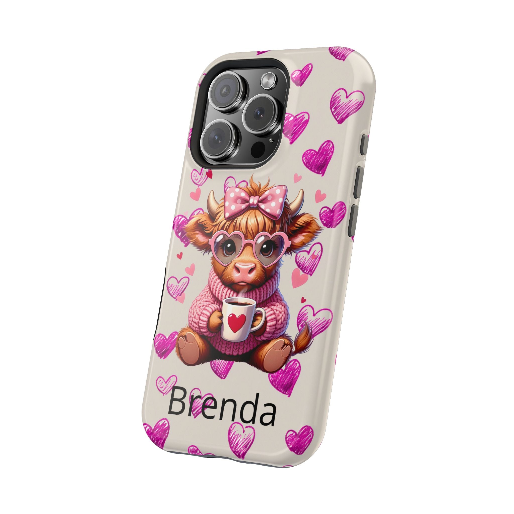 Highland Cow With Pink Hearts iPhone Case, Valentines Magnetic Impact-Resistant Case