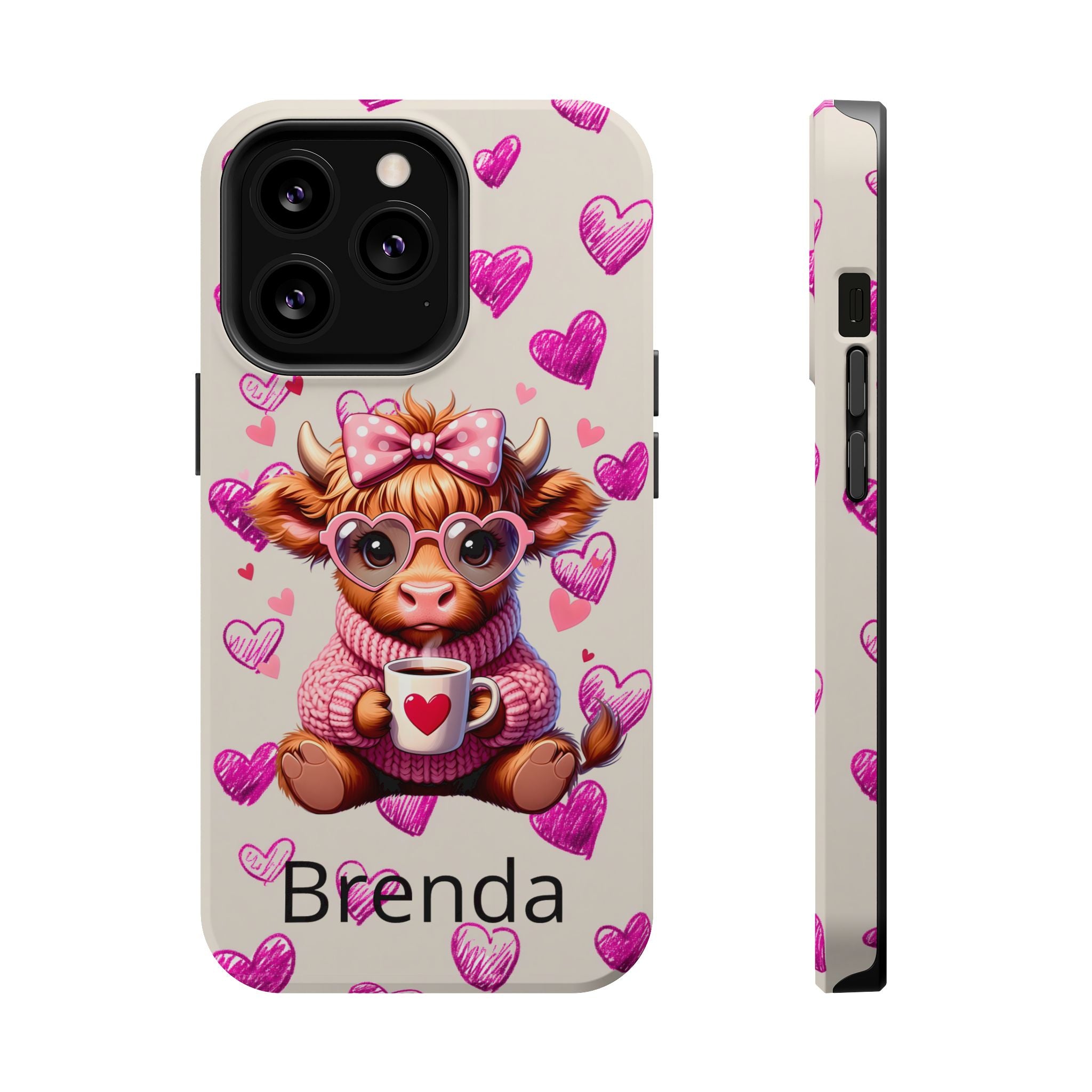 Highland Cow With Pink Hearts iPhone Case, Valentines Magnetic Impact-Resistant Case