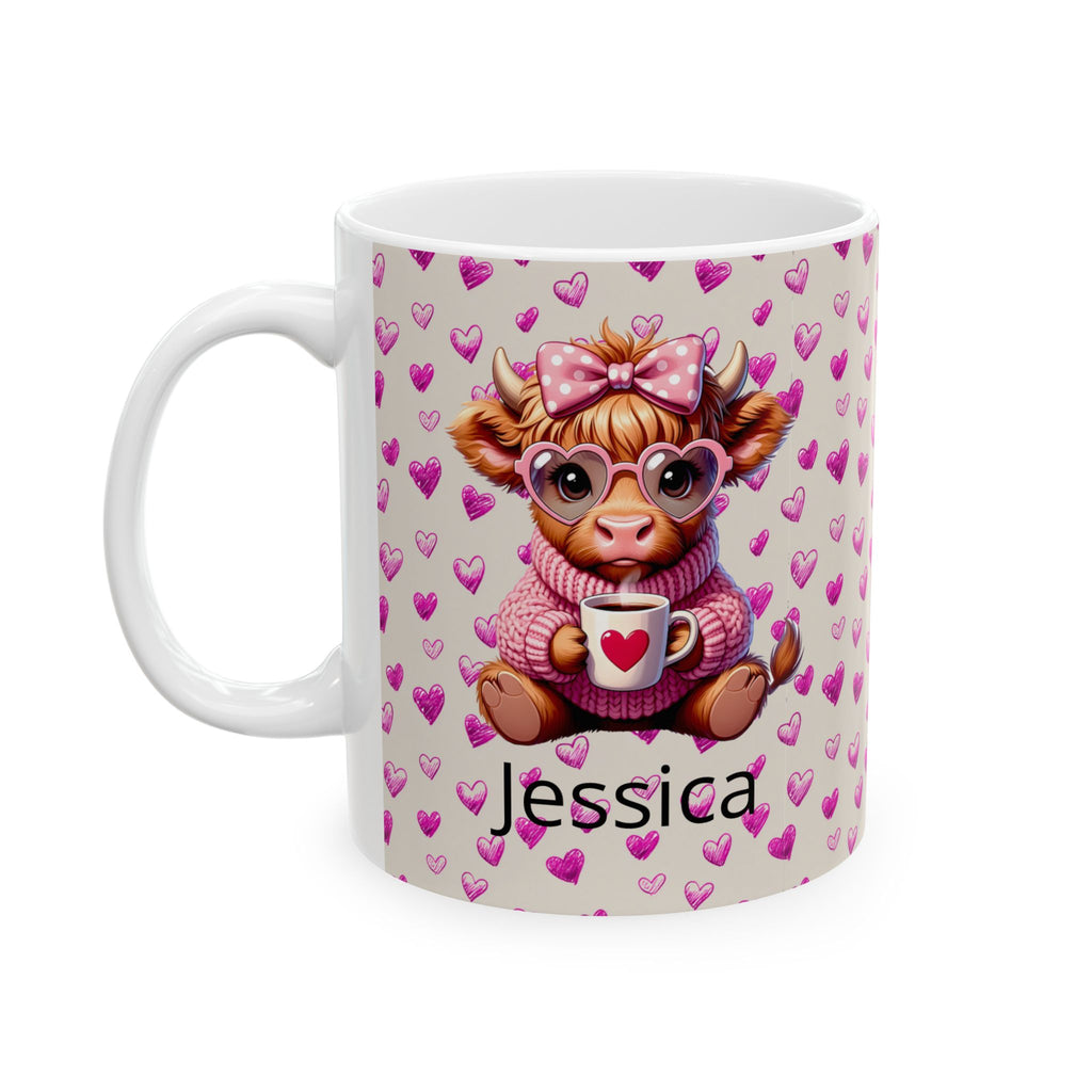 Custom Highland Cow With Pink Hearts Mug, Personalized Valentine Ceramic Coffee Cup