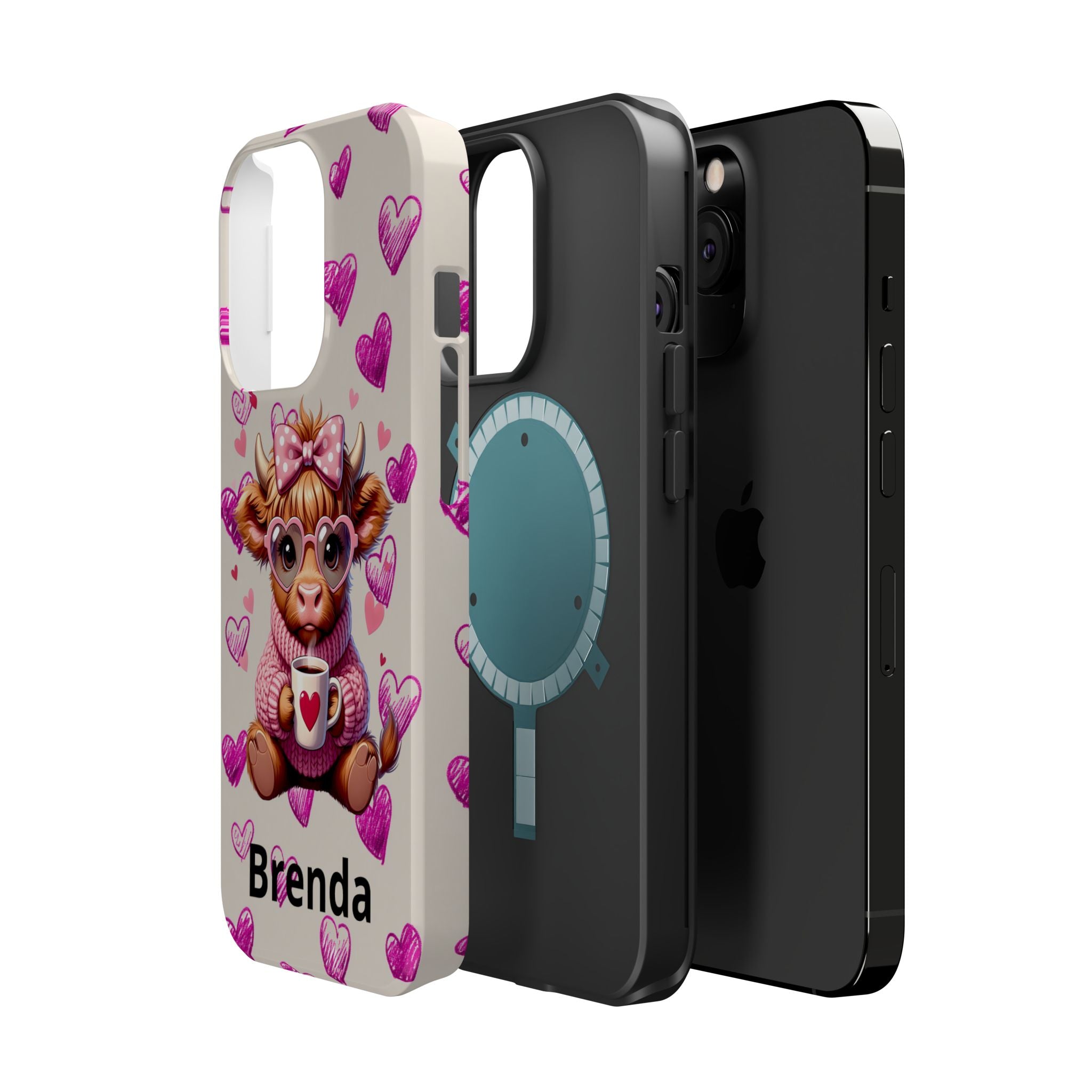 Highland Cow With Pink Hearts iPhone Case, Valentines Magnetic Impact-Resistant Case