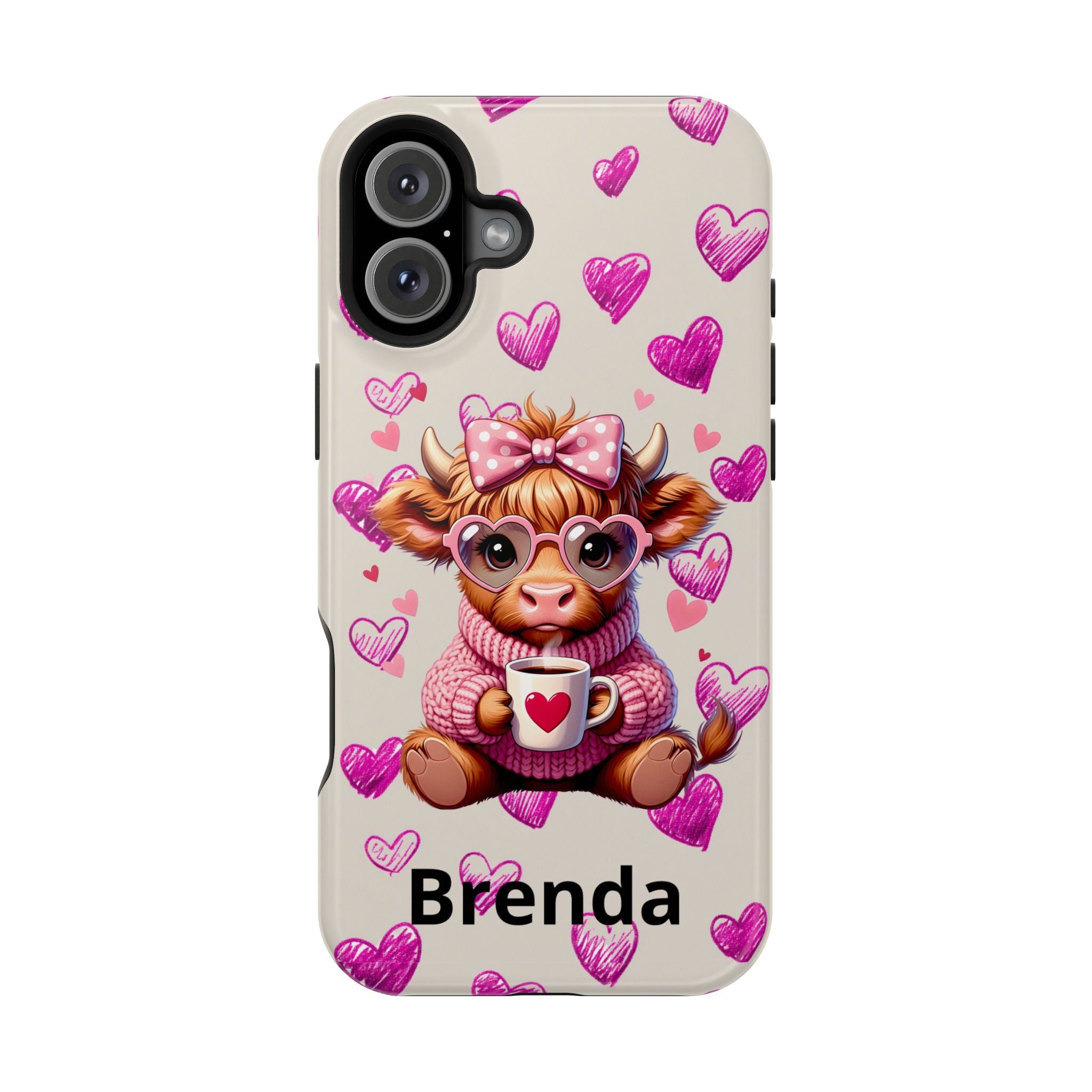 Highland Cow With Pink Hearts iPhone Case, Valentines Magnetic Impact-Resistant Case