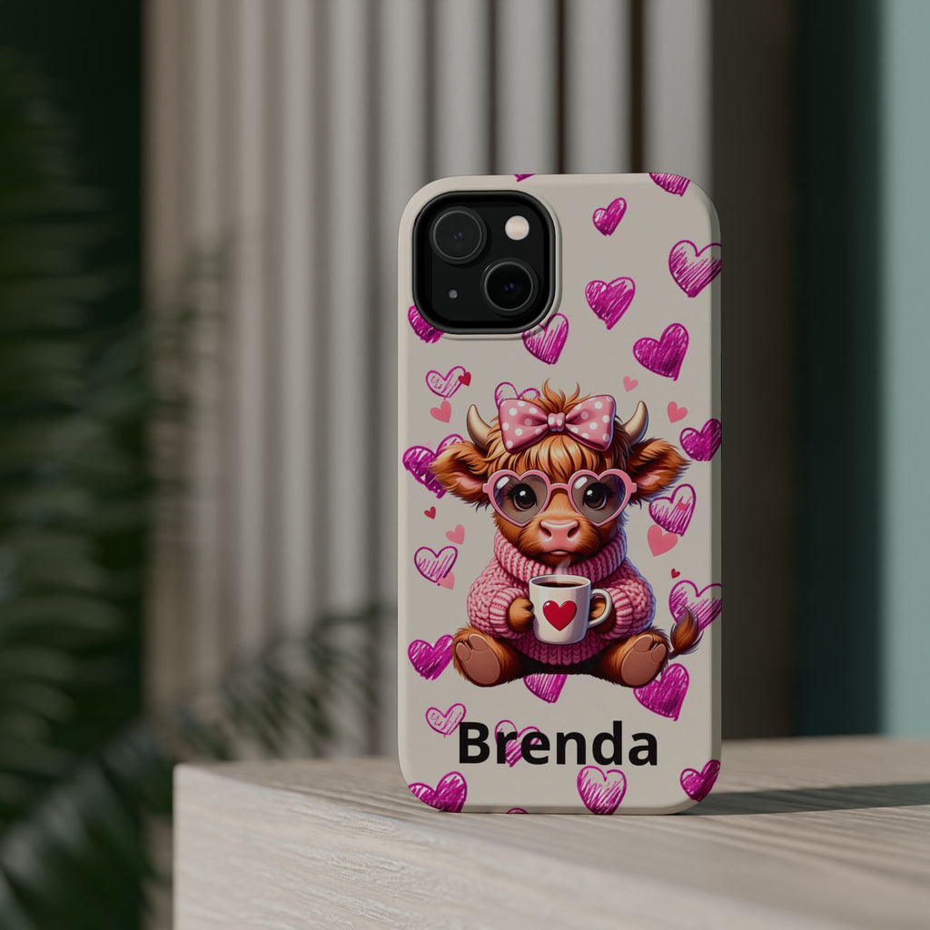 Highland Cow With Pink Hearts iPhone Case, Valentines Magnetic Impact-Resistant Case