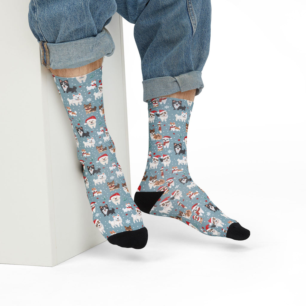 Christmas Dog Pattern Crew Socks — Holiday Huskies & Santa Pups Sublimation Socks