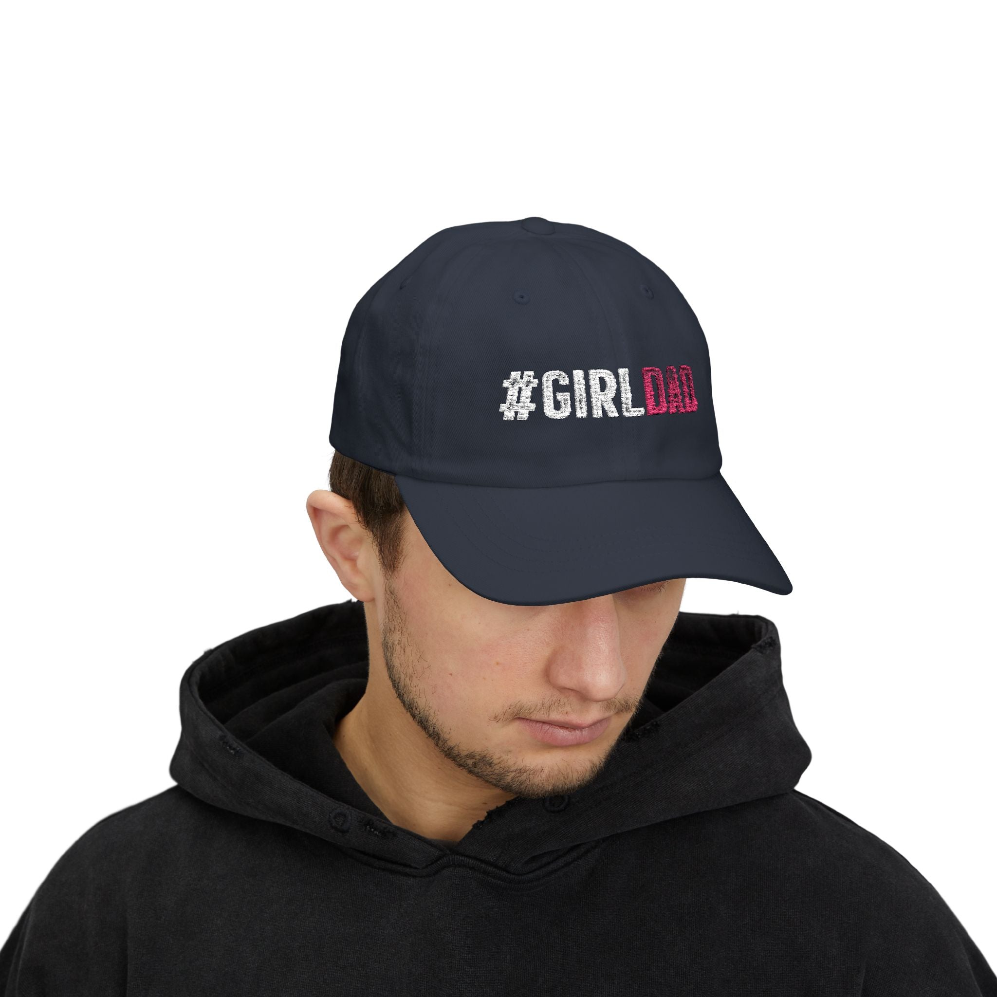 #GIRLDAD Embroidered Classic Dad Cap — Pink & White Distressed Hat for Proud Fathers