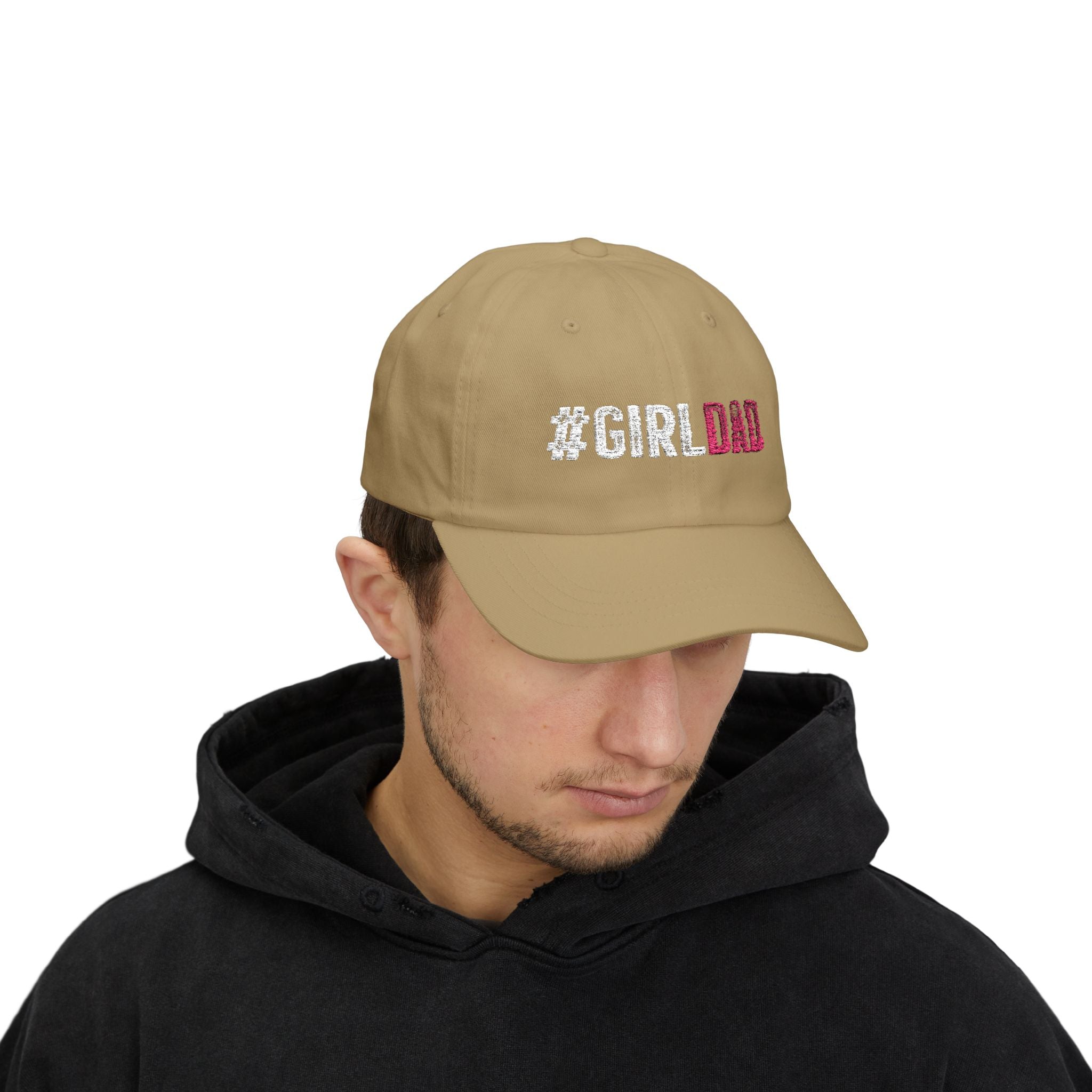 #GIRLDAD Embroidered Classic Dad Cap — Pink & White Distressed Hat for Proud Fathers