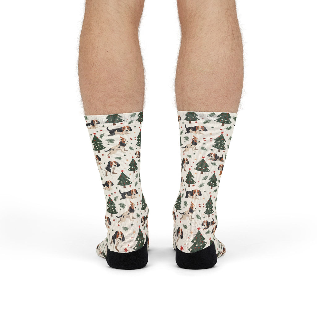 Christmas Woodland Dogs Crew Socks — Cute Holiday Trees & Beagles Sublimation Socks