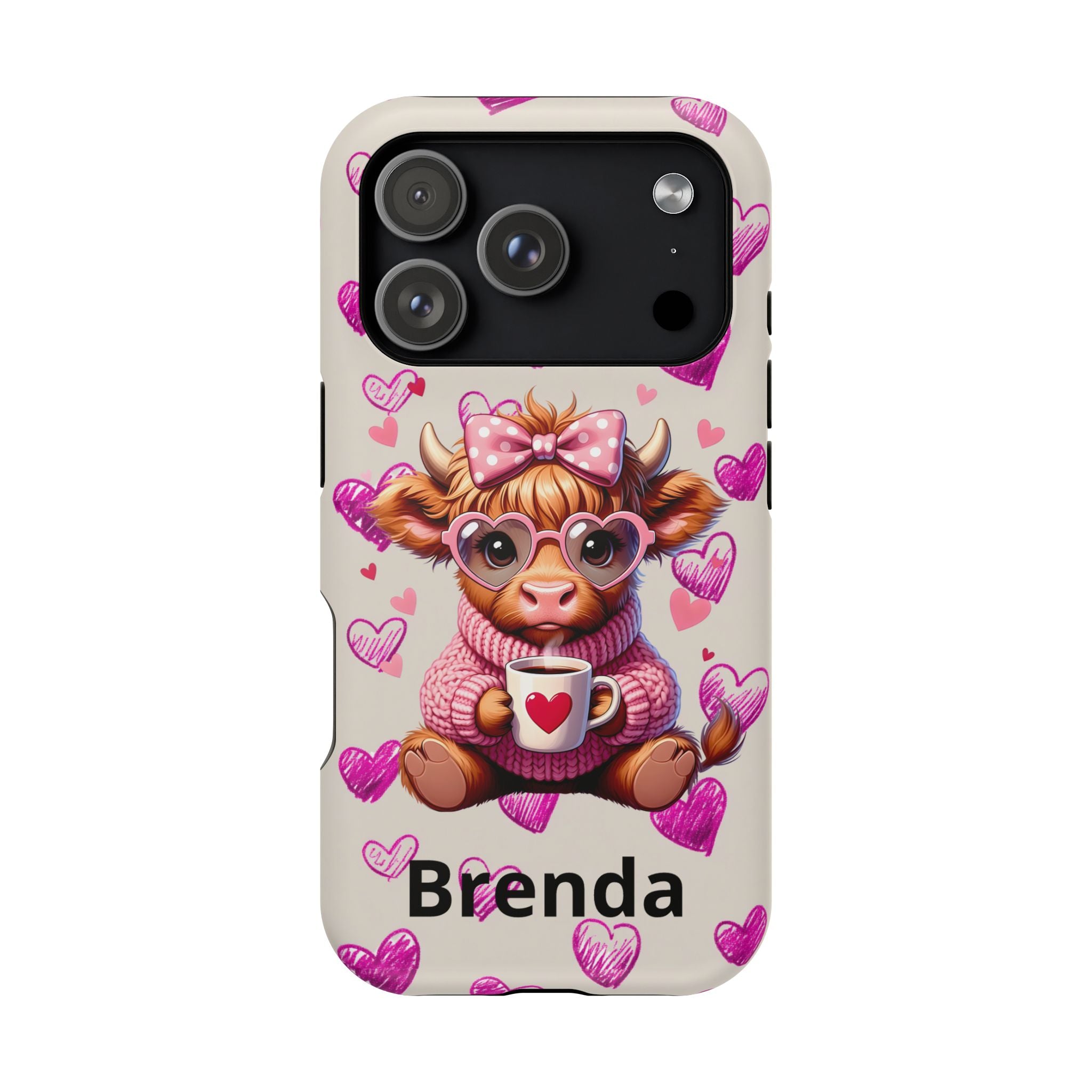 Highland Cow With Pink Hearts iPhone Case, Valentines Magnetic Impact-Resistant Case