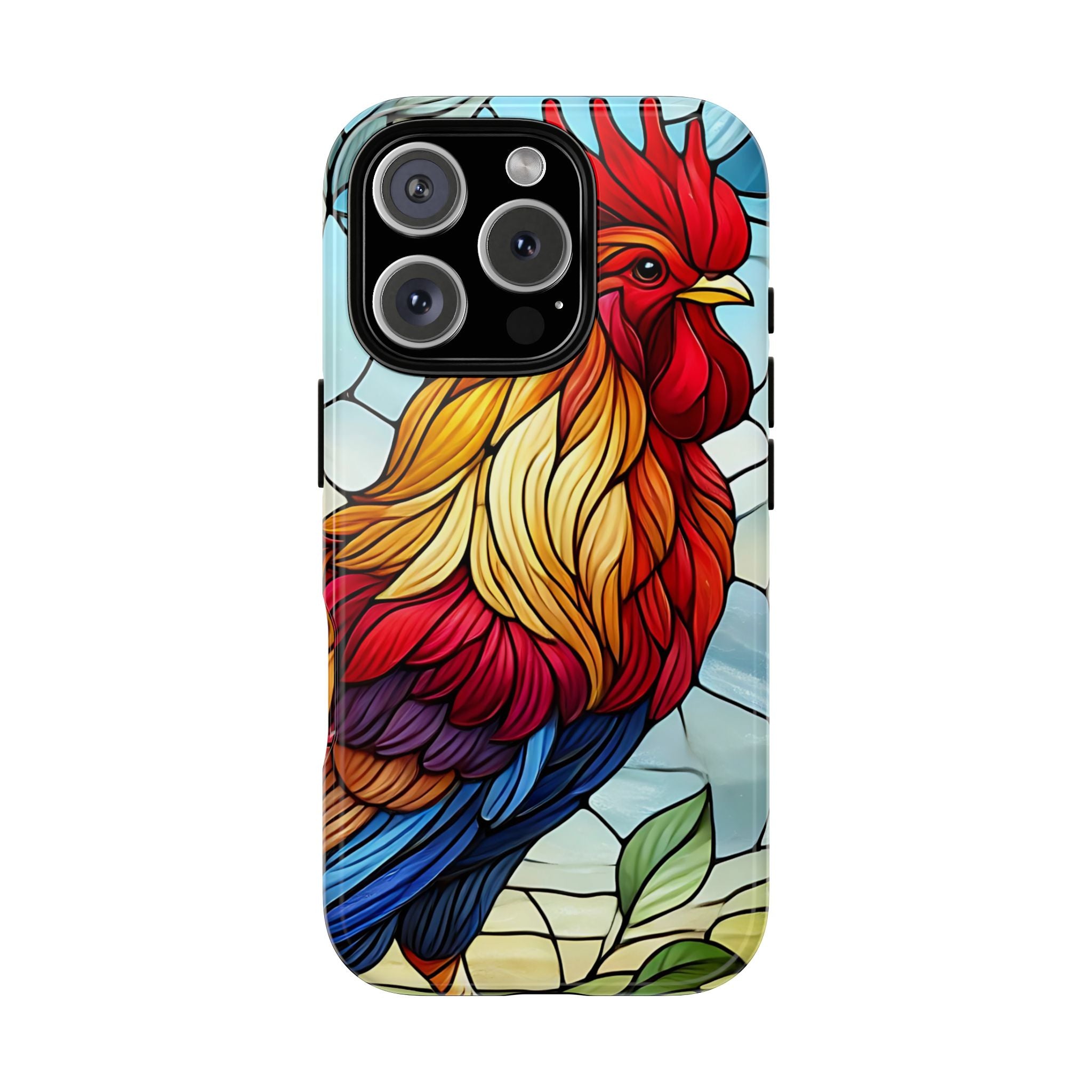 Rooster Faux Stained Glass Phone Case – 3D Full-Wrap Protective Cover with TPU Liner