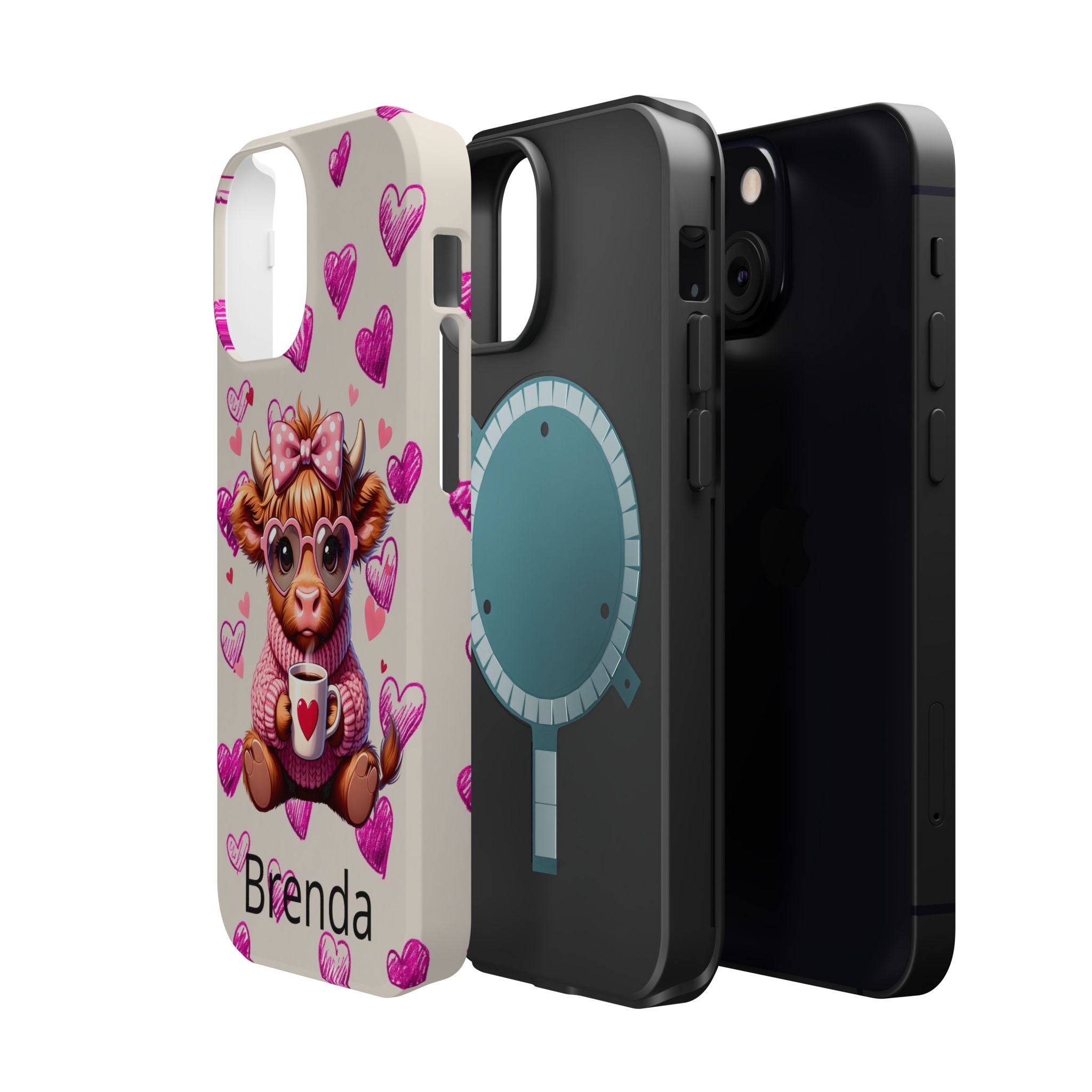 Highland Cow With Pink Hearts iPhone Case, Valentines Magnetic Impact-Resistant Case