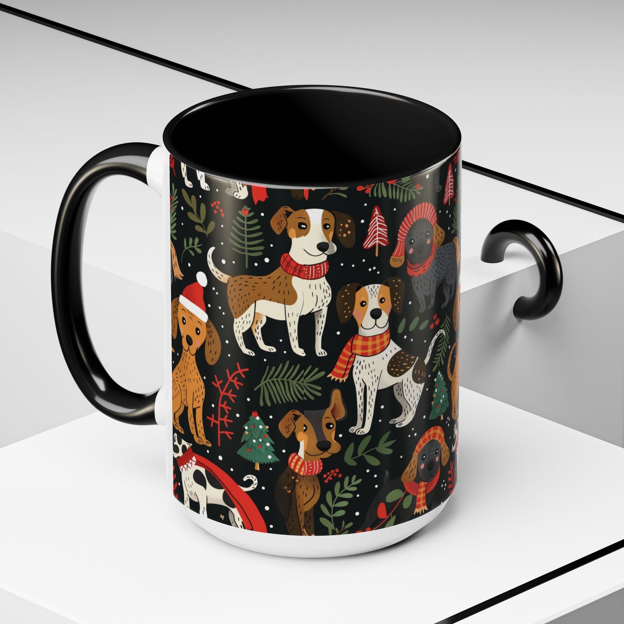 Holiday Dogs Coffee Mug — Festive Dachshund & Beagle Pattern (11/15oz)