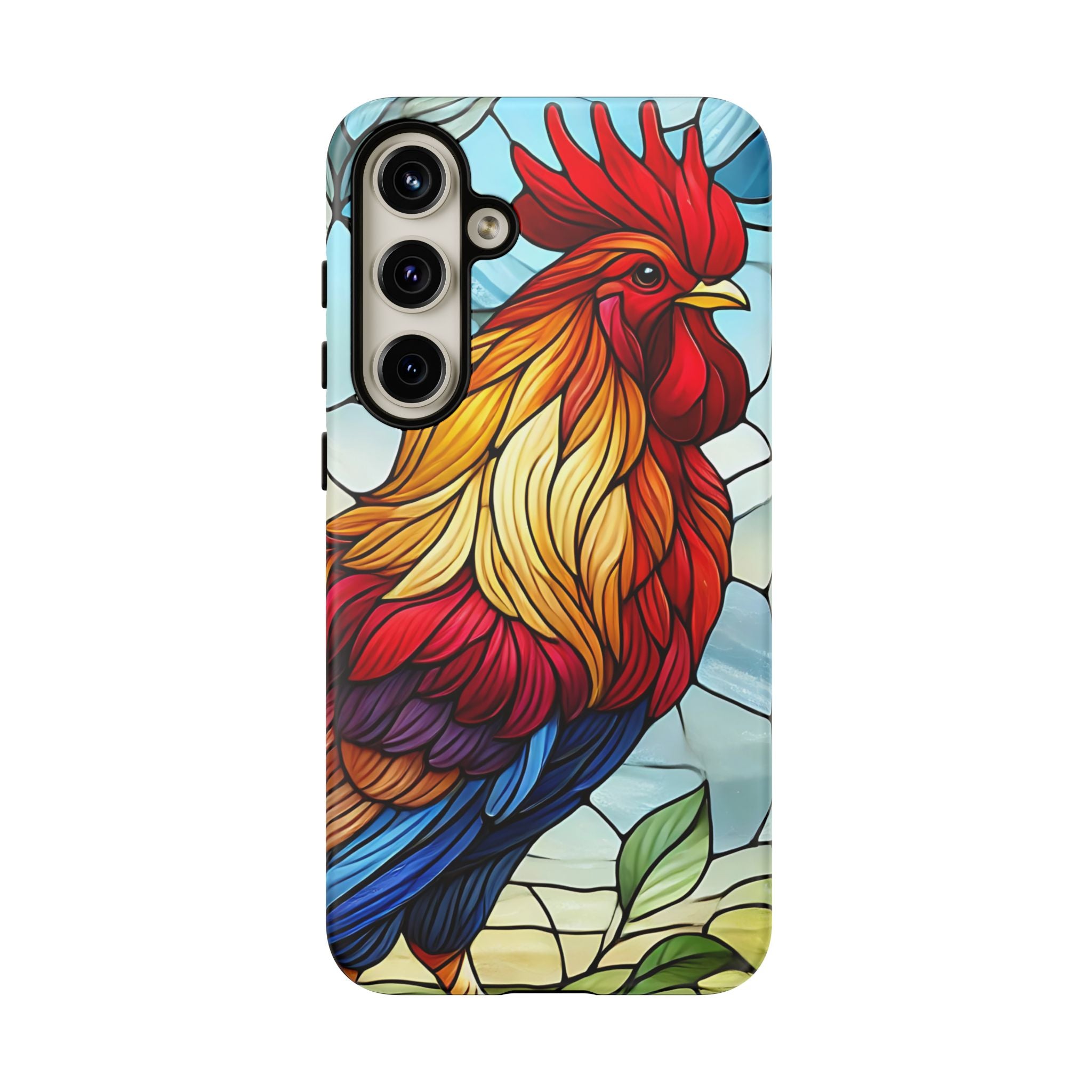 Rooster Faux Stained Glass Phone Case – 3D Full-Wrap Protective Cover with TPU Liner