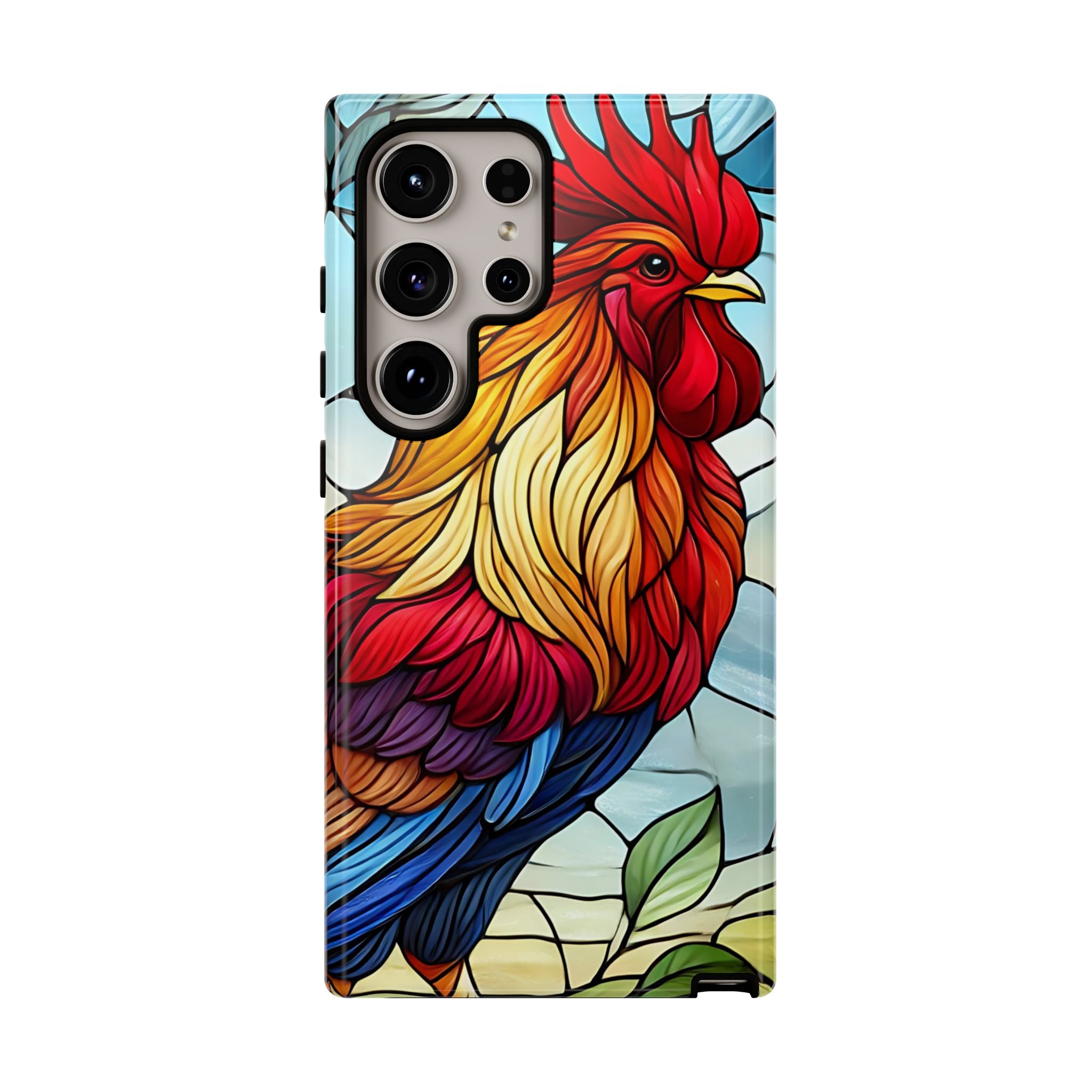Rooster Faux Stained Glass Phone Case – 3D Full-Wrap Protective Cover with TPU Liner