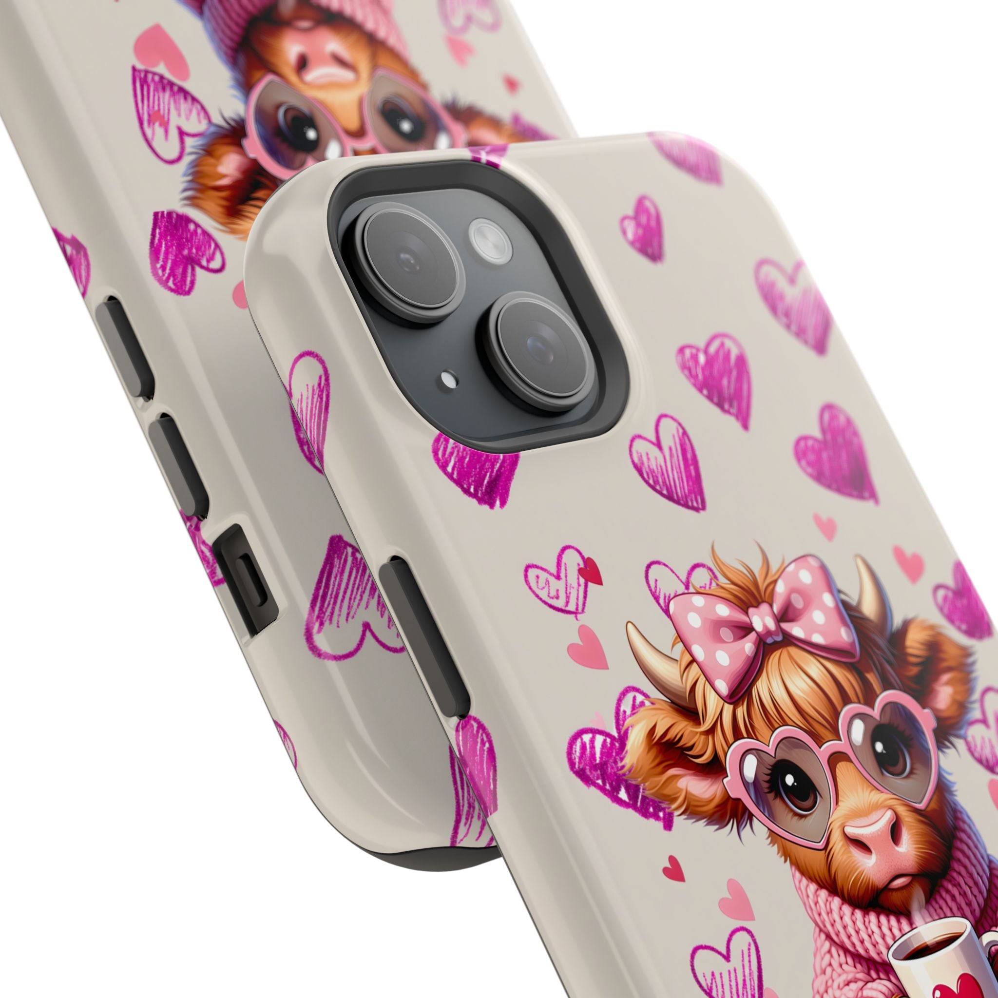 Highland Cow With Pink Hearts iPhone Case, Valentines Magnetic Impact-Resistant Case