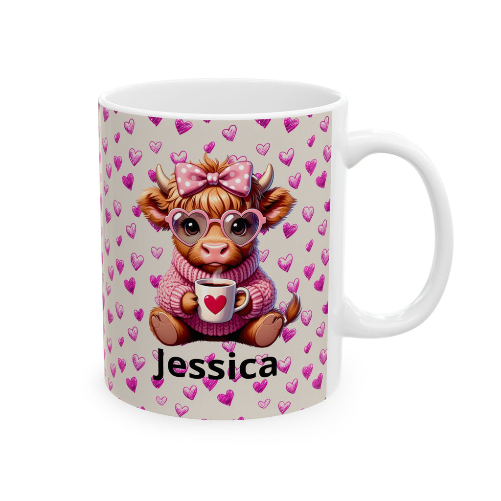 Custom Highland Cow With Pink Hearts Mug, Personalized Valentine Ceramic Coffee Cup