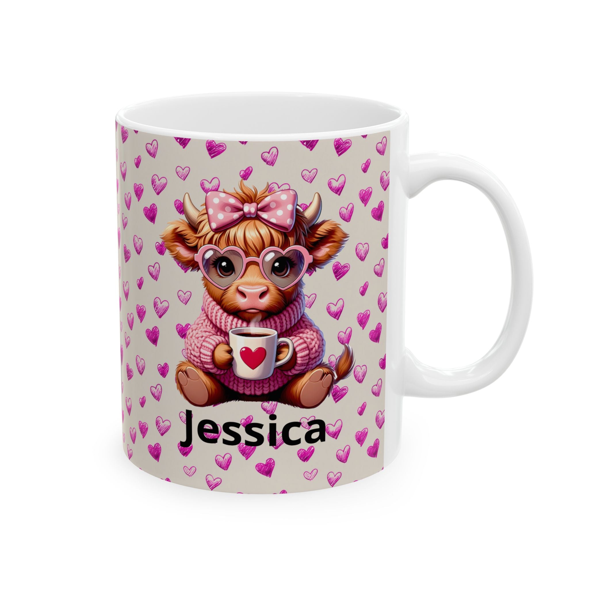 Custom Highland Cow With Pink Hearts Mug, Personalized Valentine Ceramic Coffee Cup