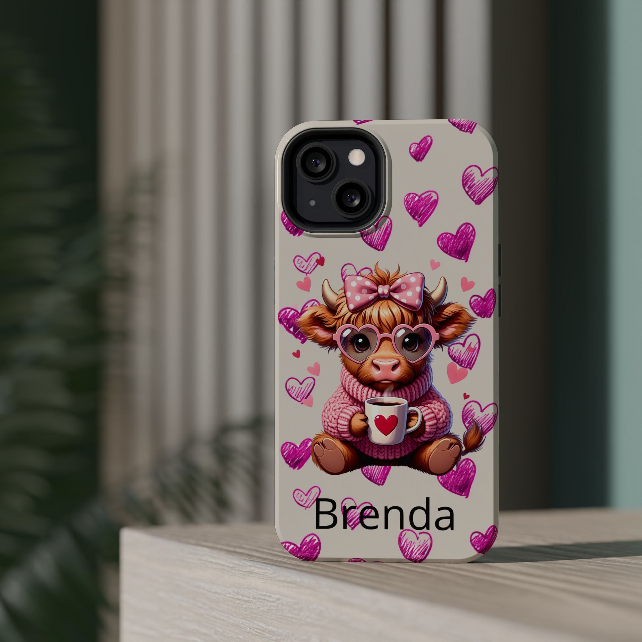 Highland Cow With Pink Hearts iPhone Case, Valentines Magnetic Impact-Resistant Case