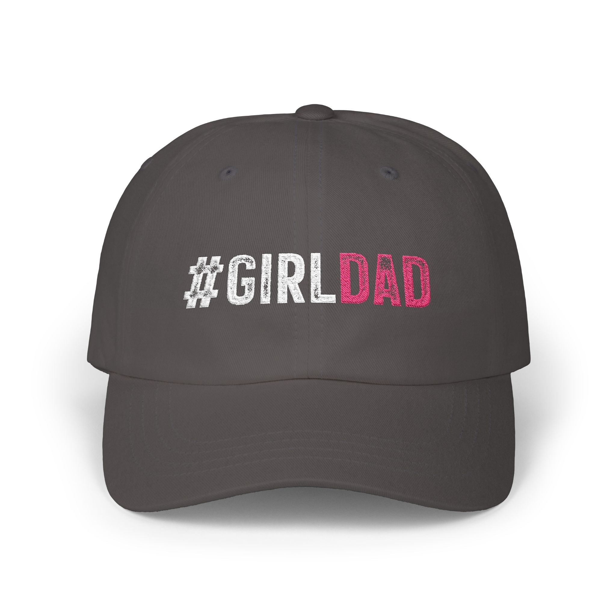 #GIRLDAD Embroidered Classic Dad Cap — Pink & White Distressed Hat for Proud Fathers