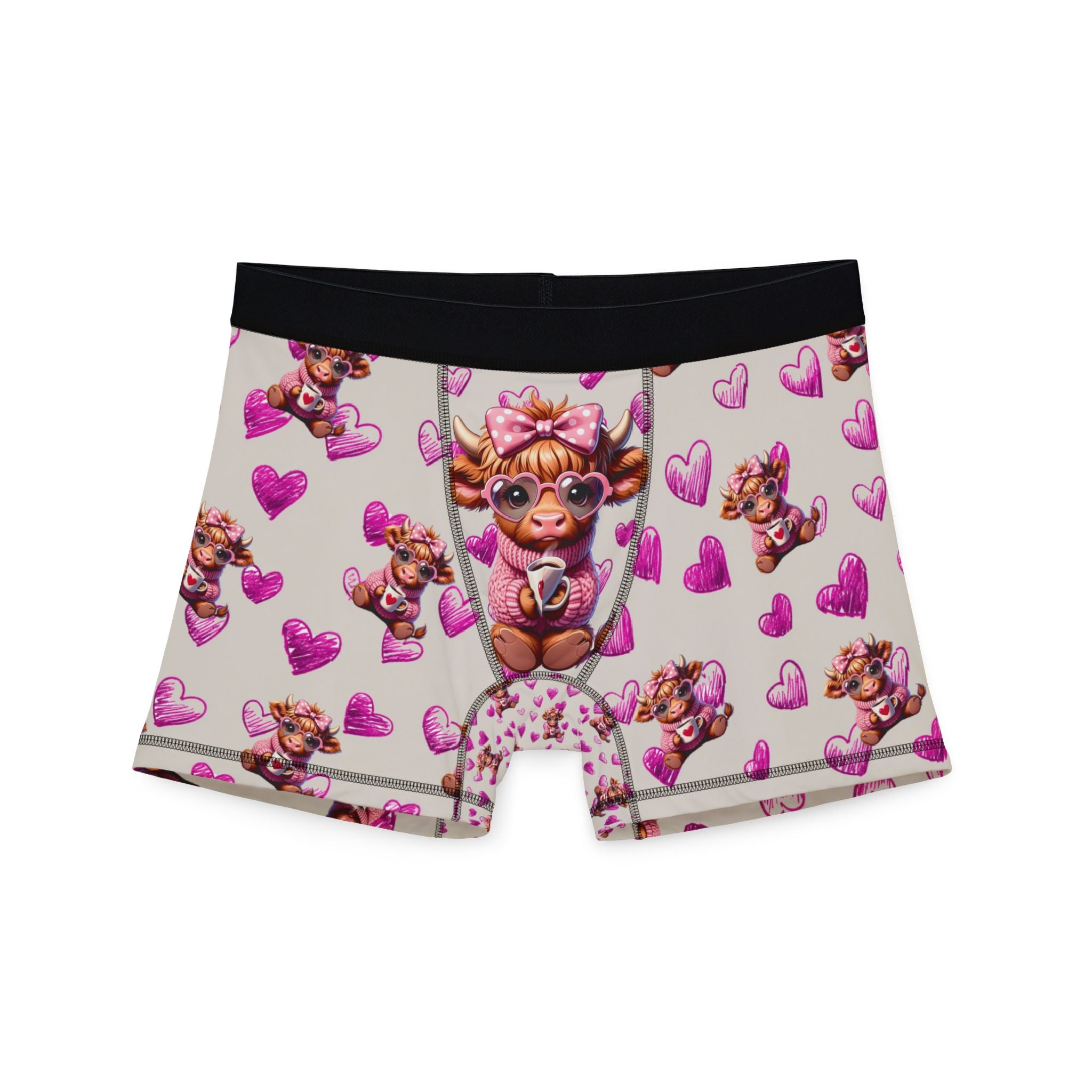Highland Cow Pink Hearts Boxer Shorts, Valentines Mens Boxers Underwear