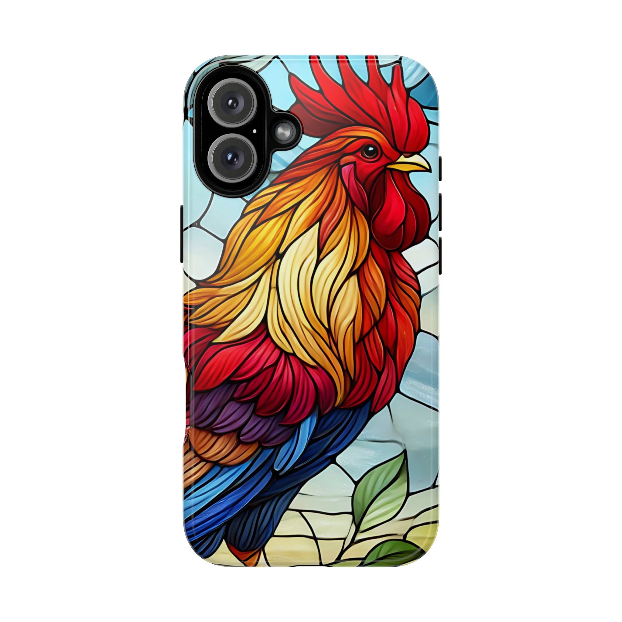 Rooster Faux Stained Glass Phone Case – 3D Full-Wrap Protective Cover with TPU Liner