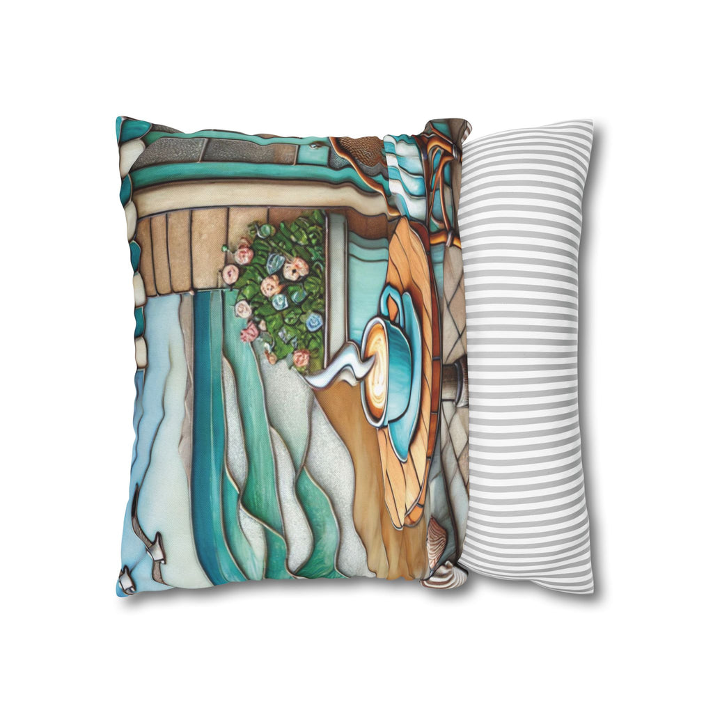 Cozy Beach Vibes Coffee Themed Throw Pillow Cover, Coastal Java Inspired Stained Glass Pillowcase