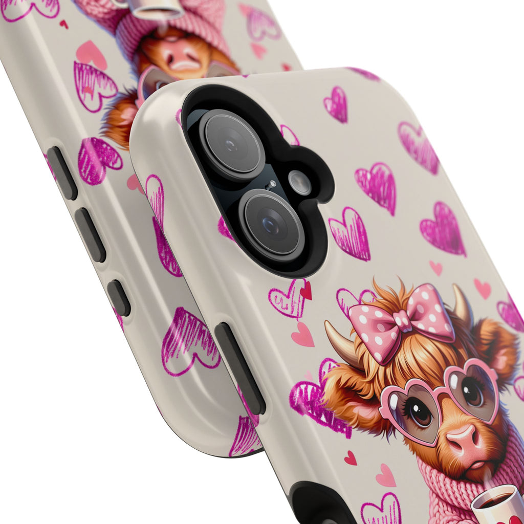 Highland Cow With Pink Hearts iPhone Case, Valentines Magnetic Impact-Resistant Case