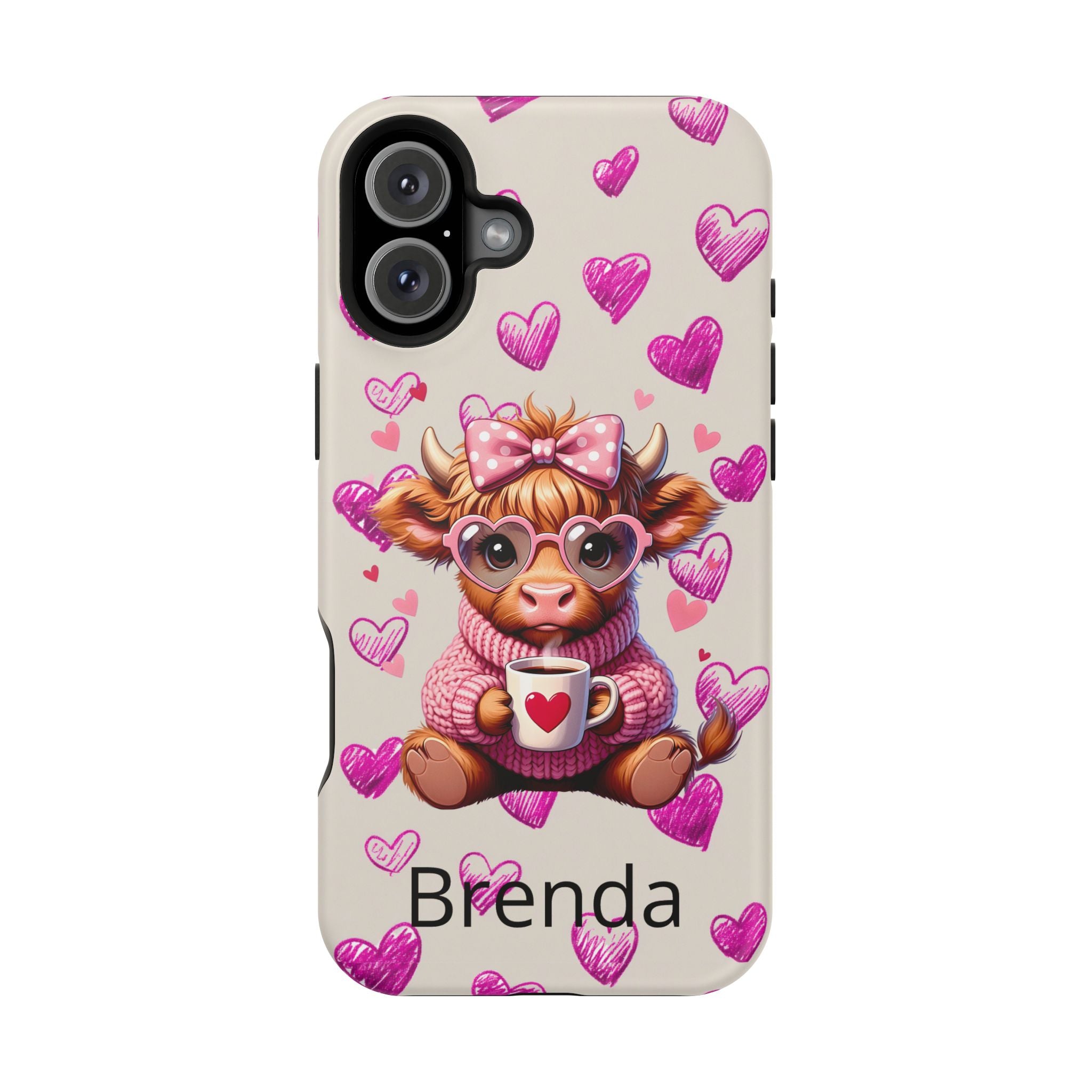 Highland Cow With Pink Hearts iPhone Case, Valentines Magnetic Impact-Resistant Case