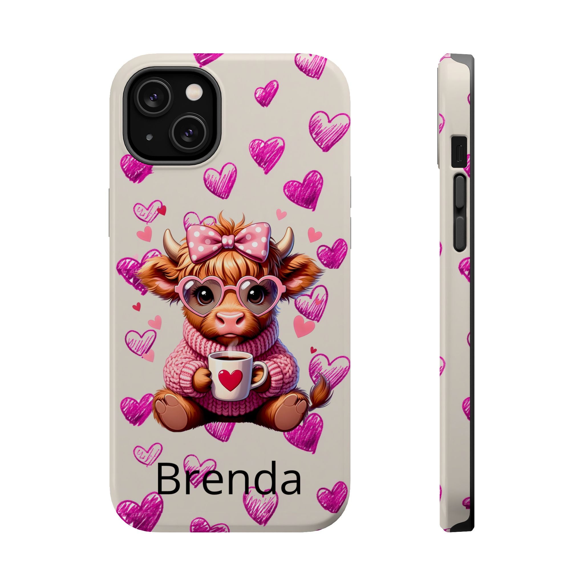 Highland Cow With Pink Hearts iPhone Case, Valentines Magnetic Impact-Resistant Case