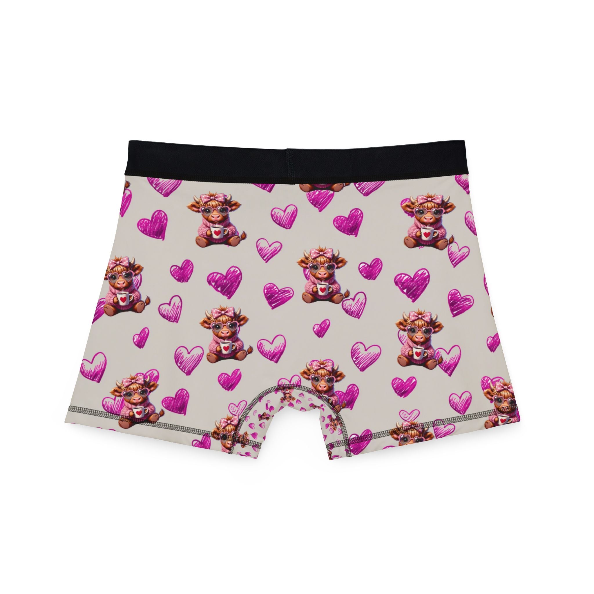 Highland Cow Pink Hearts Boxer Shorts, Valentines Mens Boxers Underwear