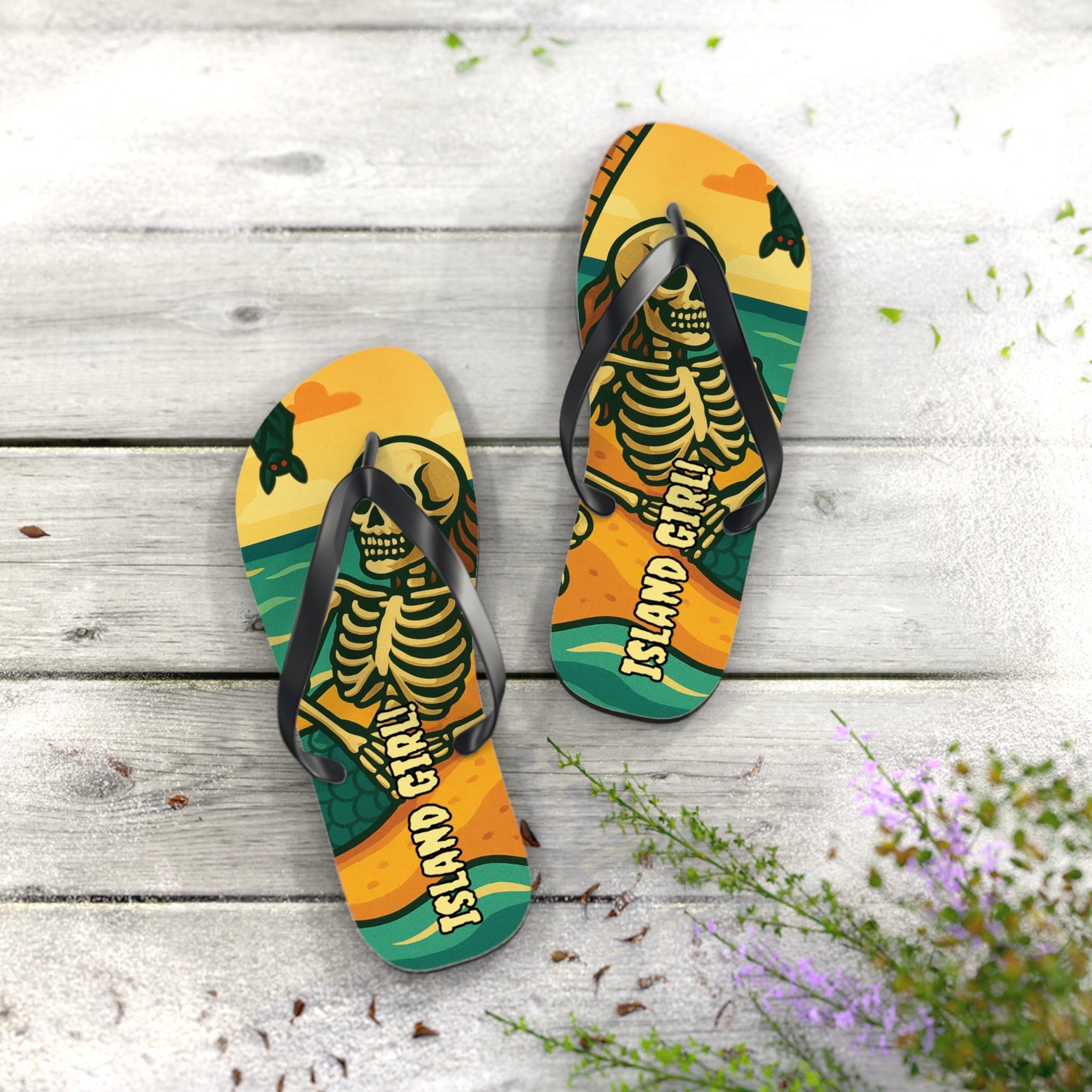 Beach Vibes Flip Flops, Island Girl Skull Design Sandals