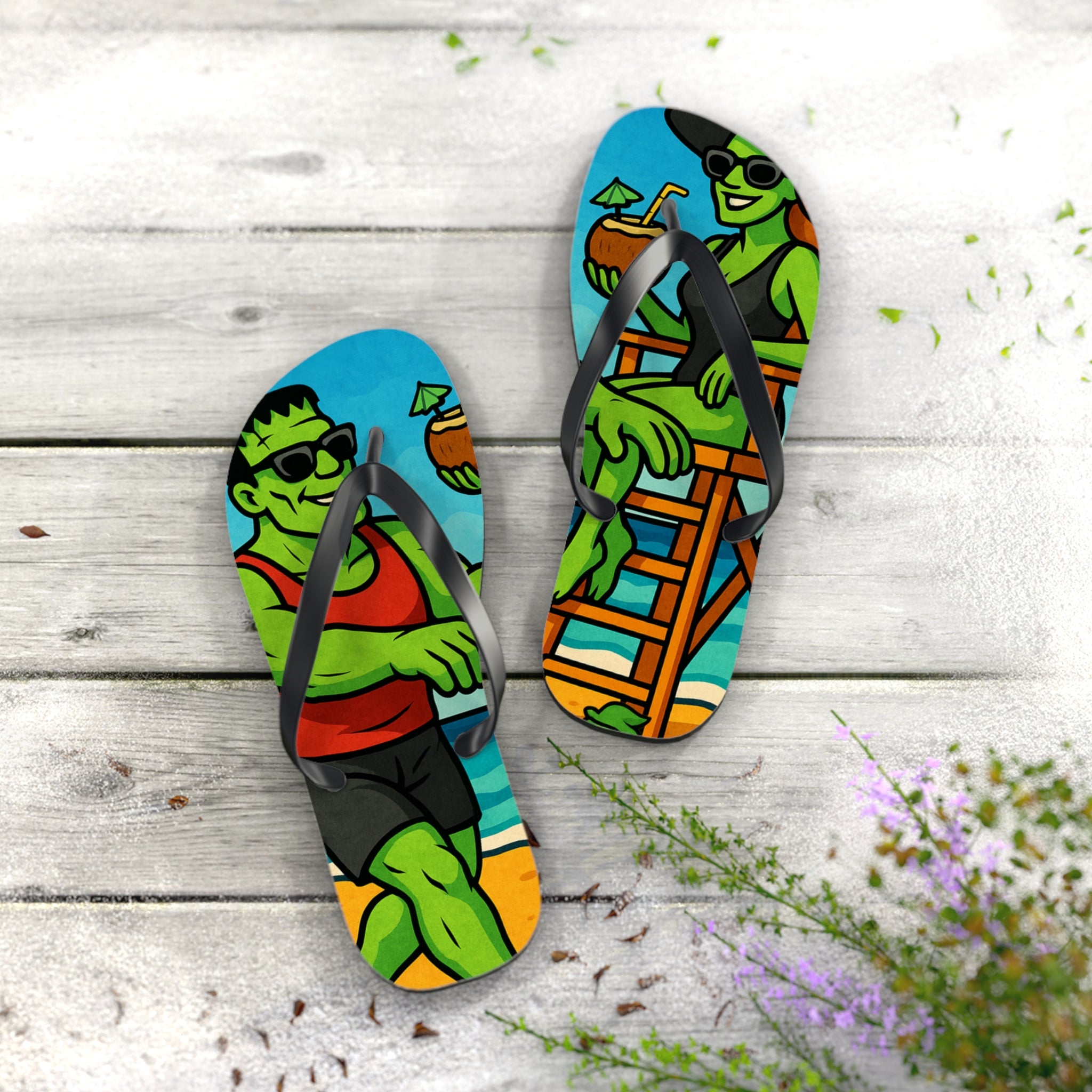 Fun Monster-Themed Flip Flops - Vibrant Summerween Sandals