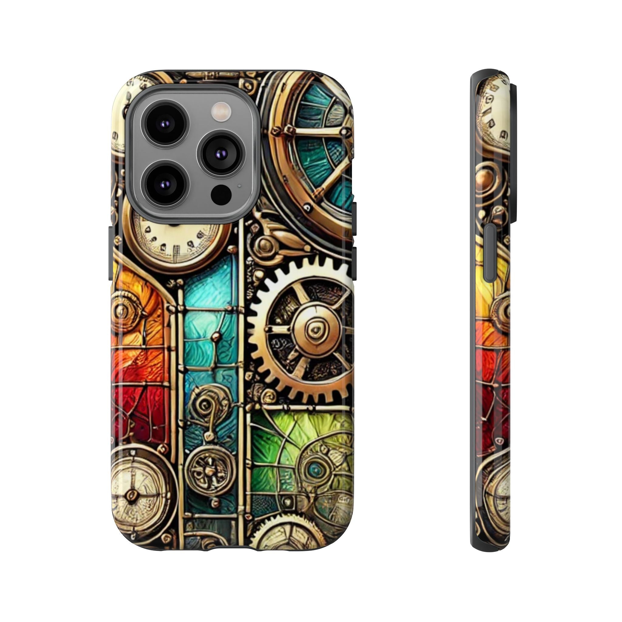Steampunk Faux Stained Glass iPhone Case – 3D Full-Wrap Protective Cover with TPU Liner