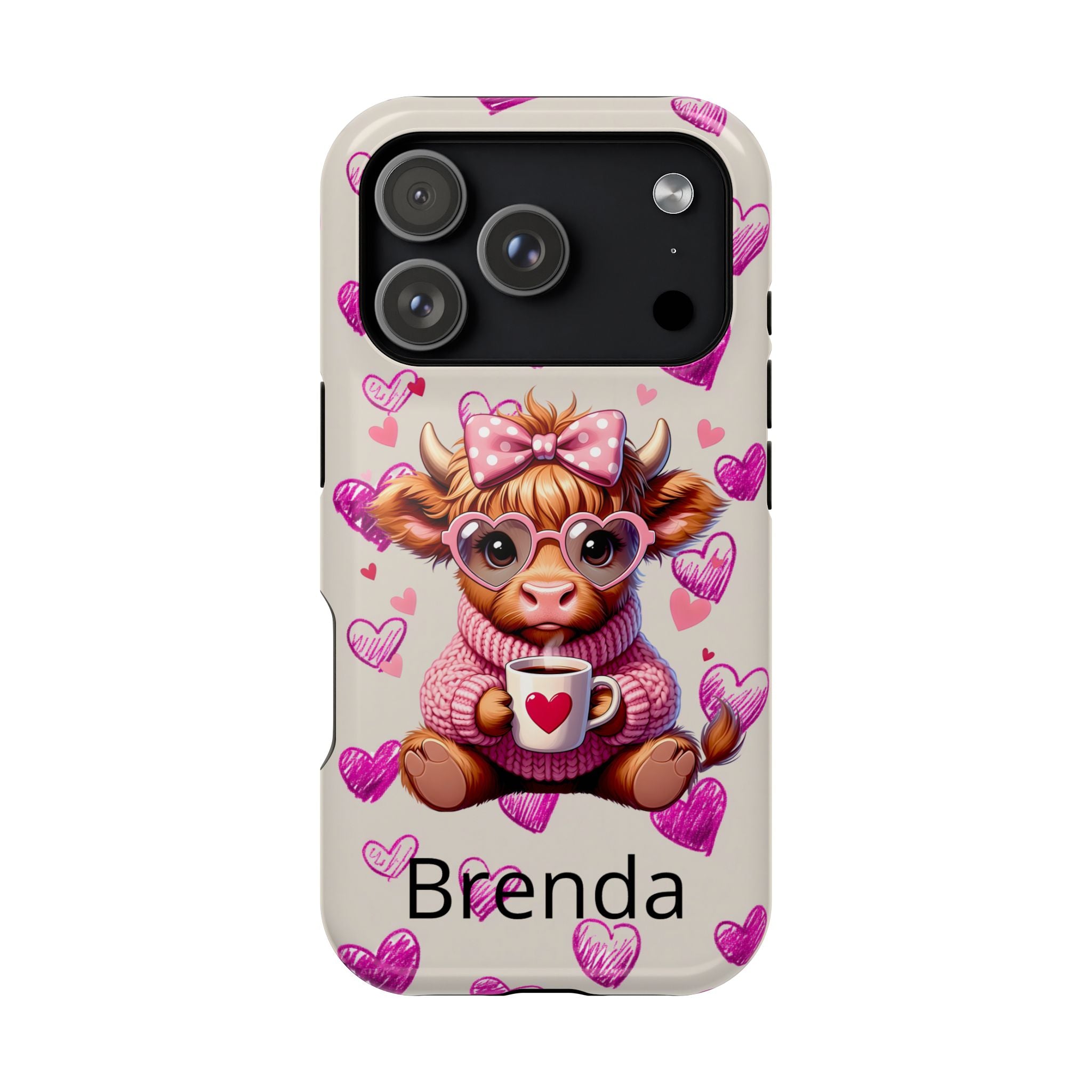 Highland Cow With Pink Hearts iPhone Case, Valentines Magnetic Impact-Resistant Case