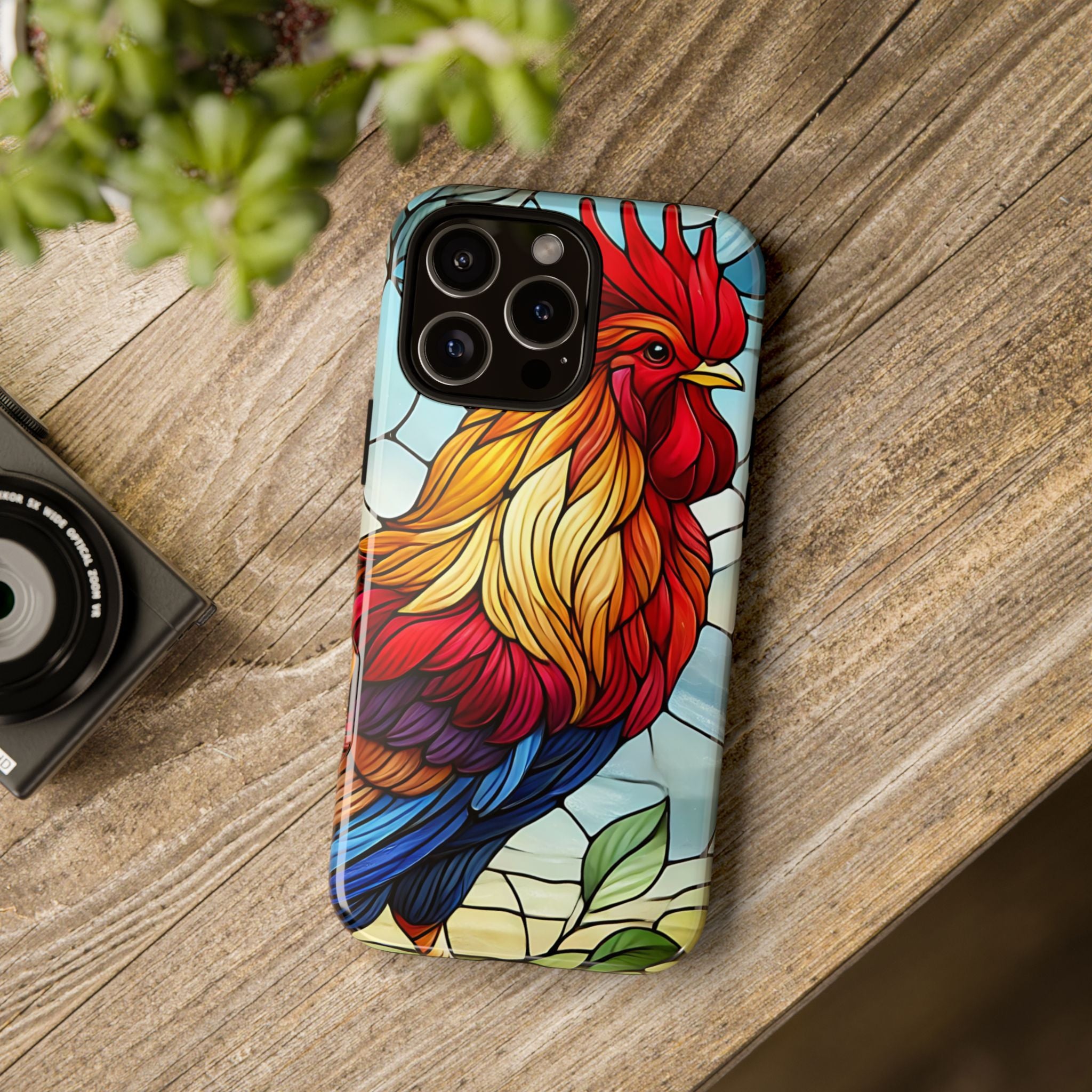 Rooster Faux Stained Glass Phone Case – 3D Full-Wrap Protective Cover with TPU Liner