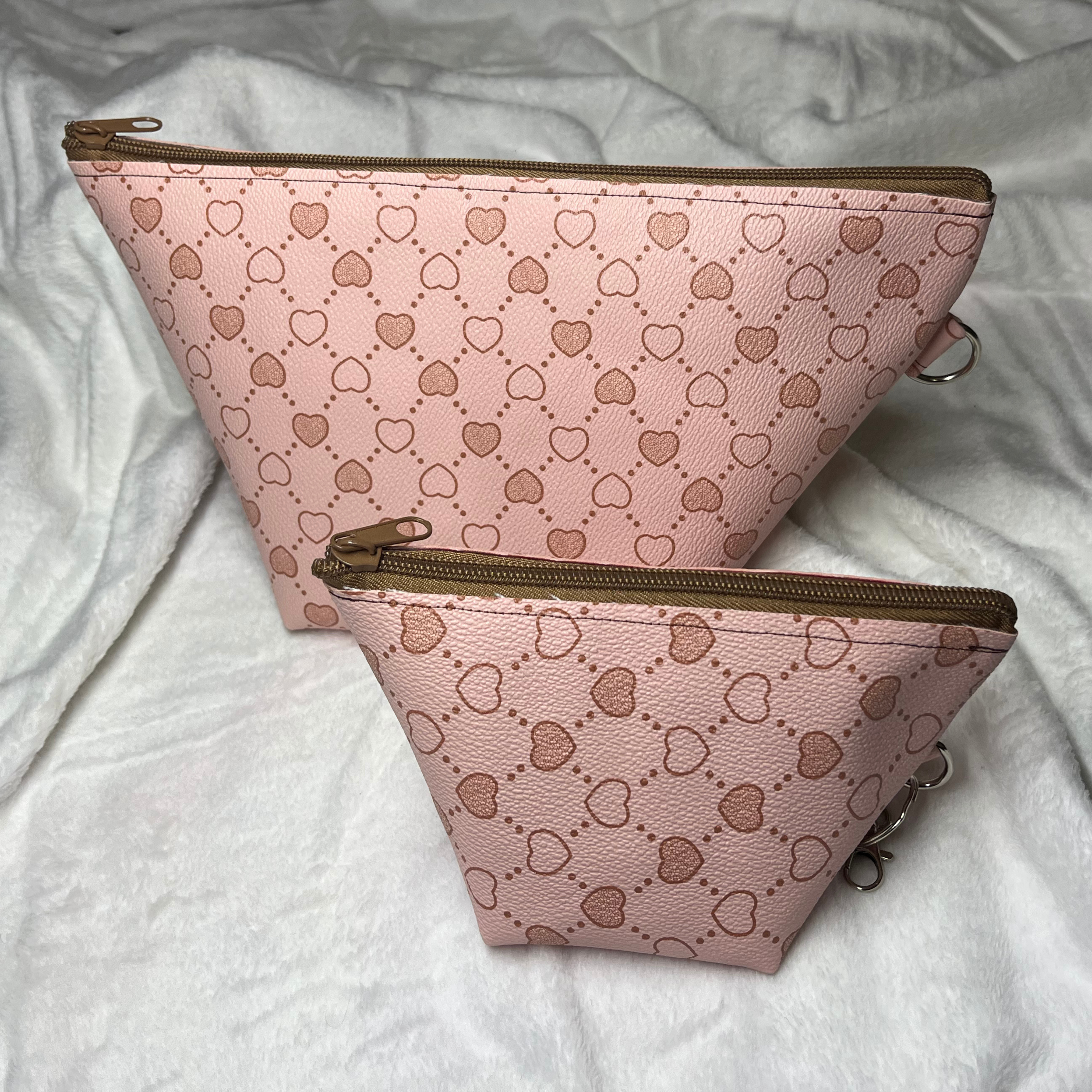 Faux Leather Heart Print Taupe Zipper Bag Set – Travel Cosmetic Pouches & Makeup Organizer