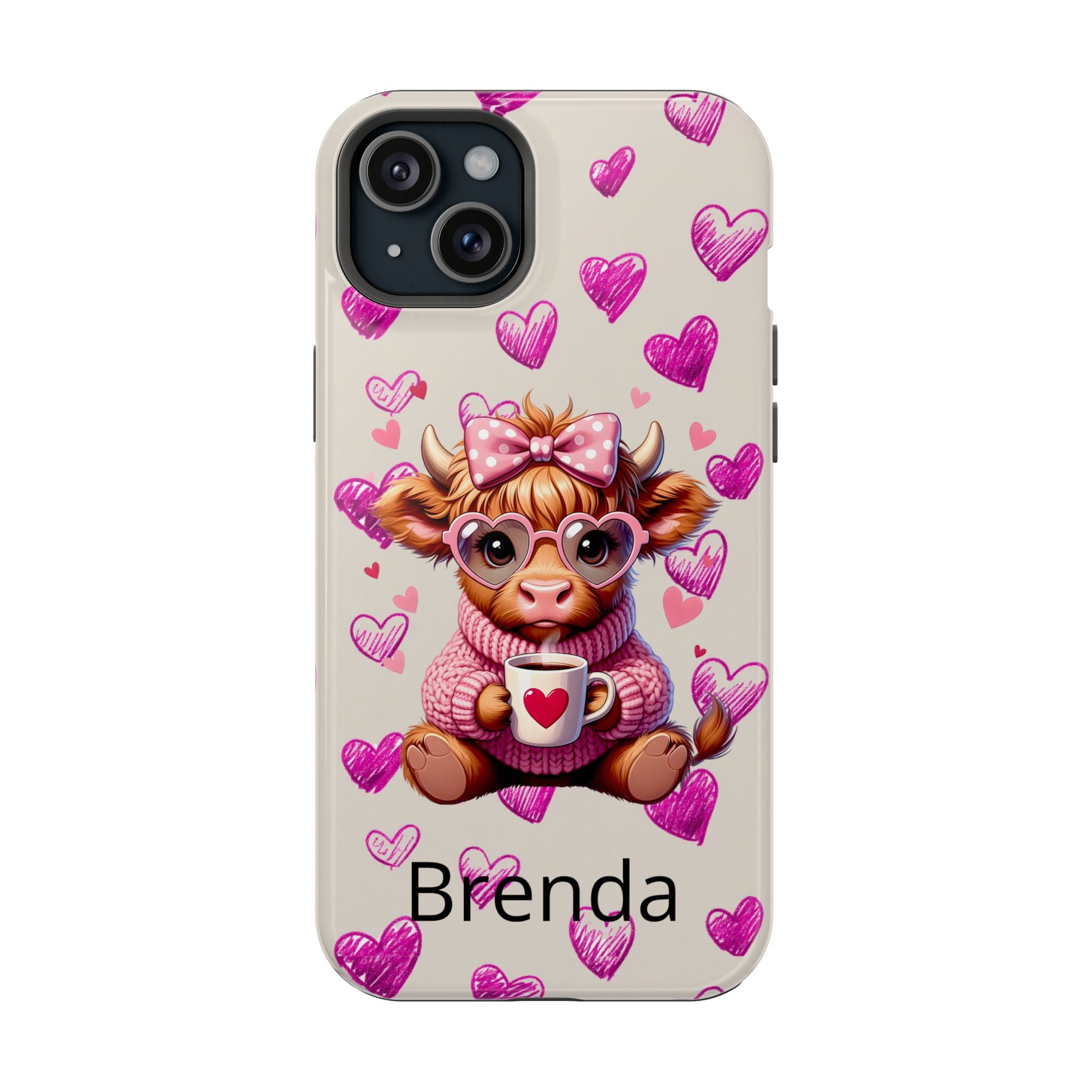 Highland Cow With Pink Hearts iPhone Case, Valentines Magnetic Impact-Resistant Case