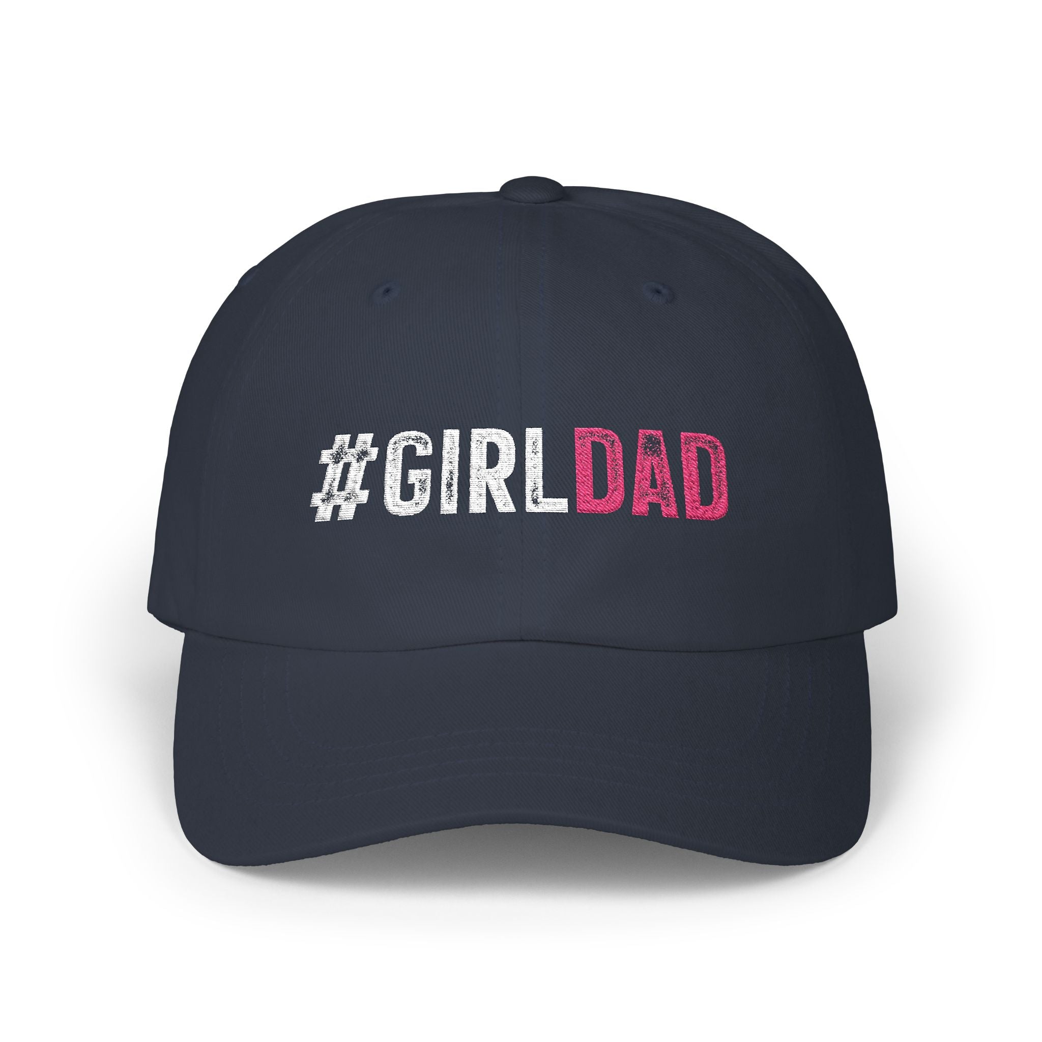 #GIRLDAD Embroidered Classic Dad Cap — Pink & White Distressed Hat for Proud Fathers
