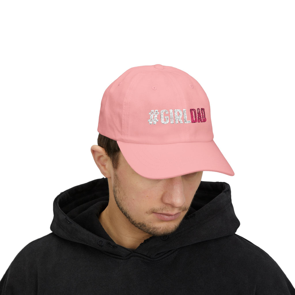 #GIRLDAD Embroidered Classic Dad Cap — Pink & White Distressed Hat for Proud Fathers