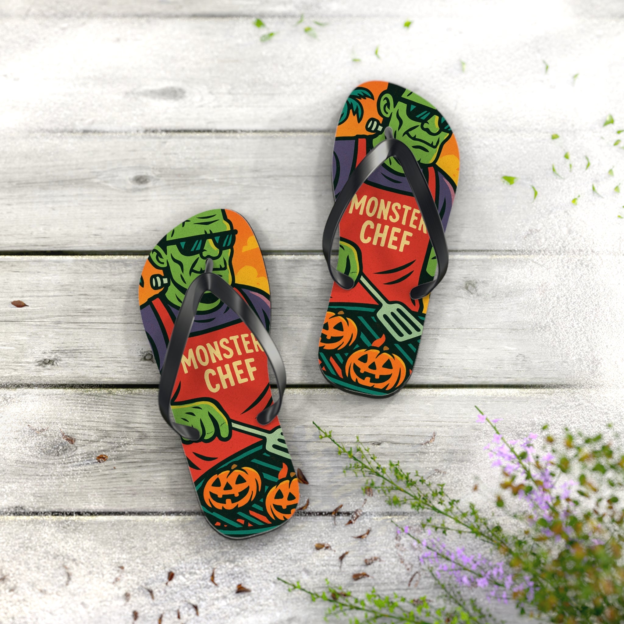 Halloween Monster Chef Flip Flops – Vibrant Summerween Sandals