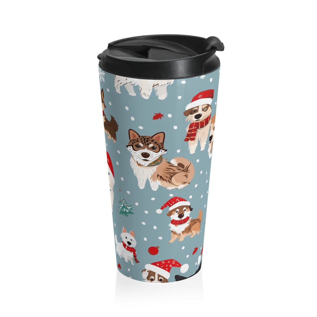 Holiday Puppy Pattern Stainless Steel Travel Mug — Cute Christmas Dogs Design