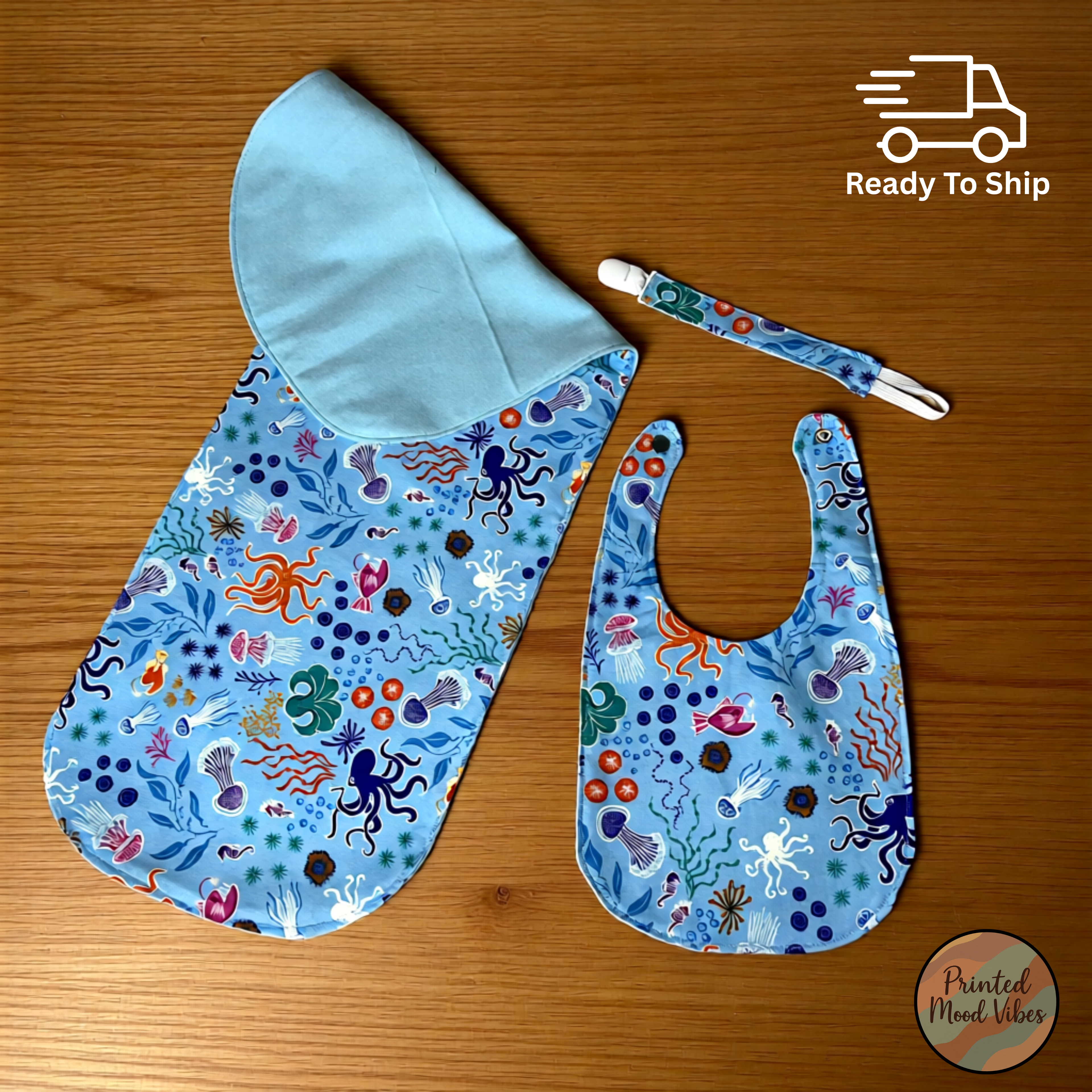 Glow in the Dark Ocean Baby Gift Set – Bib, Burp Cloth & Pacifier Holder (Newborn 1–3 Months)