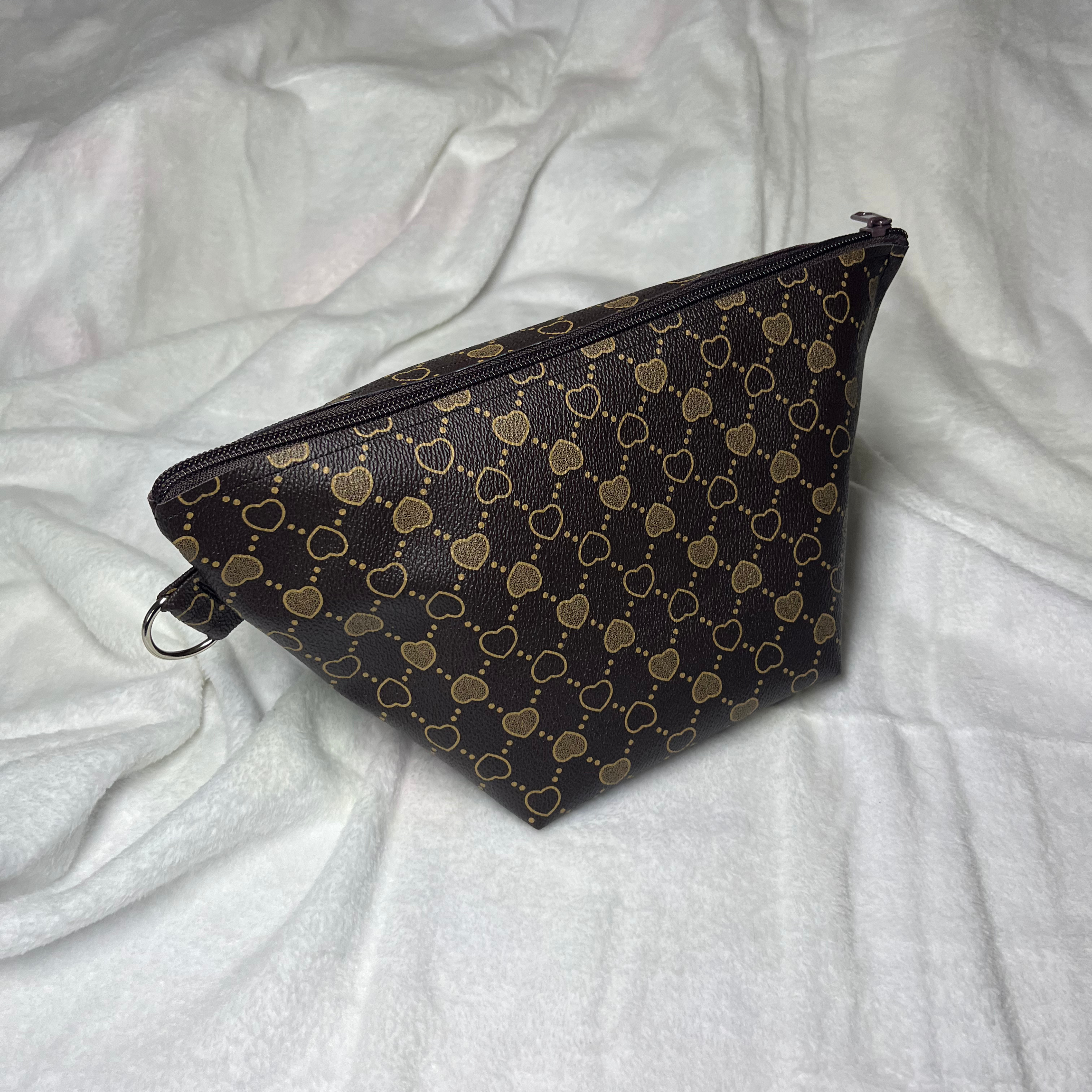 Faux Leather Heart Brown Print Zipper Bag Set – Travel Cosmetic Pouches & Makeup Organizer