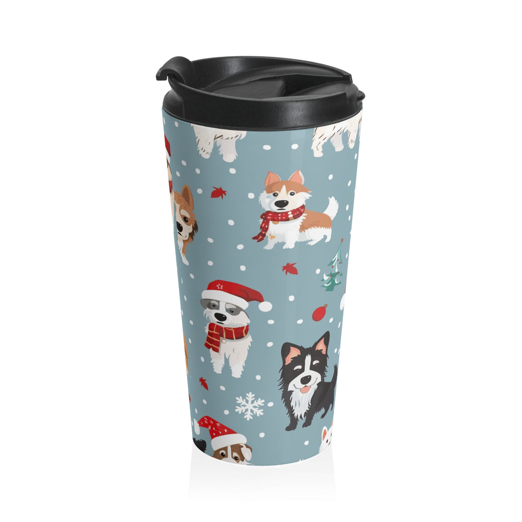 Holiday Puppy Pattern Stainless Steel Travel Mug — Cute Christmas Dogs Design