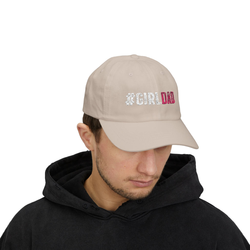 #GIRLDAD Embroidered Classic Dad Cap — Pink & White Distressed Hat for Proud Fathers
