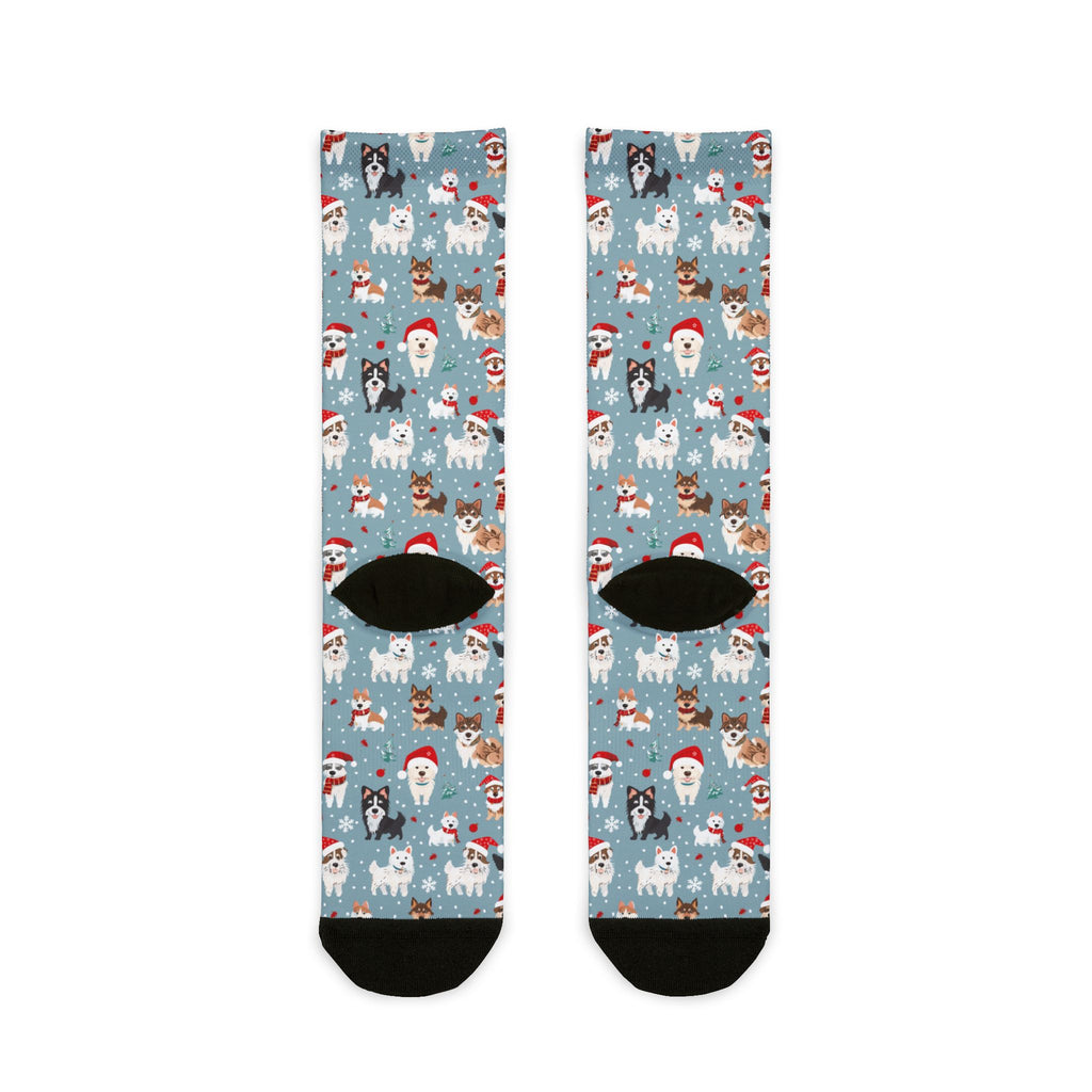 Christmas Dog Pattern Crew Socks — Holiday Huskies & Santa Pups Sublimation Socks