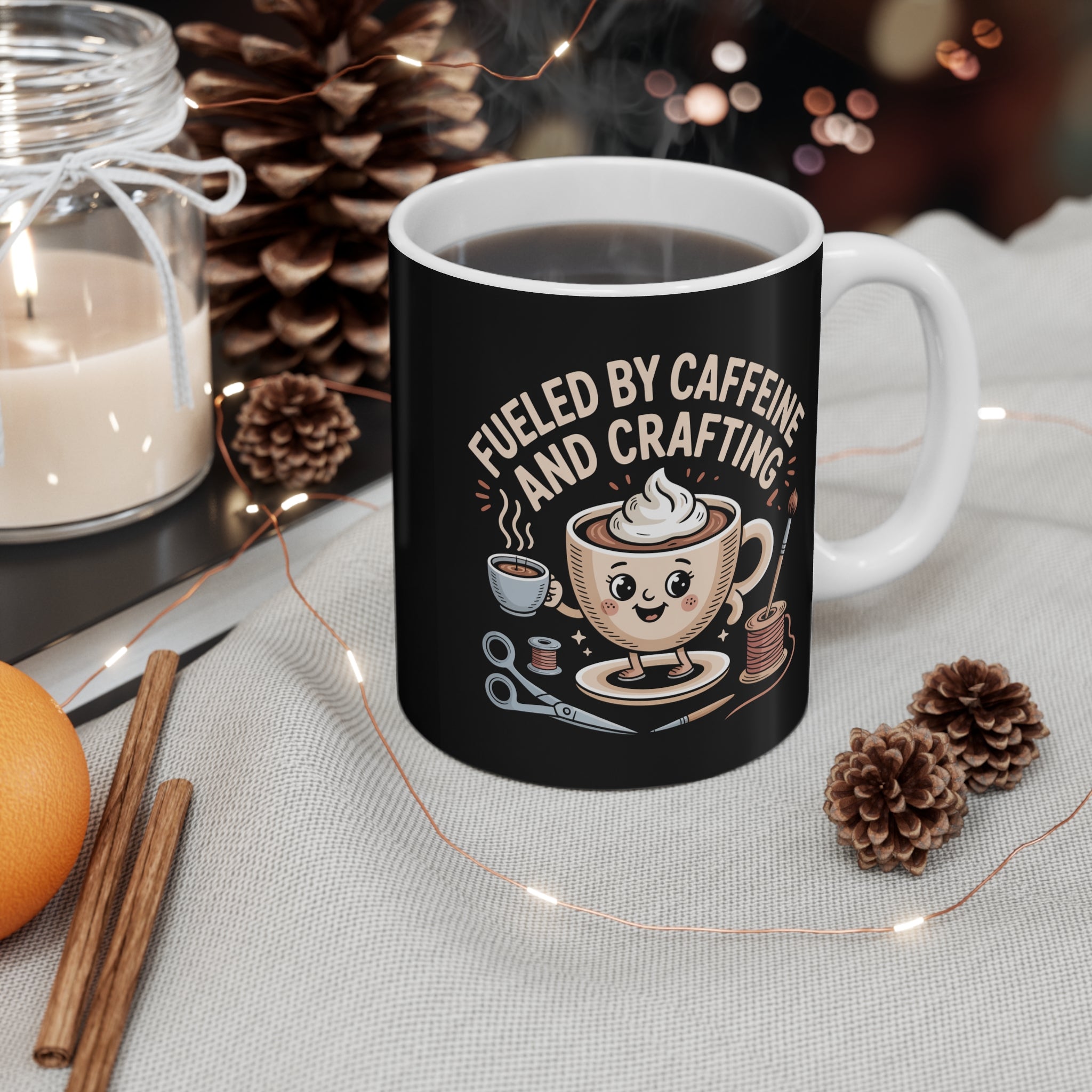Ceramic Coffee Mug, Fueled by Caffeine and Crafting Printed Coffee Cup