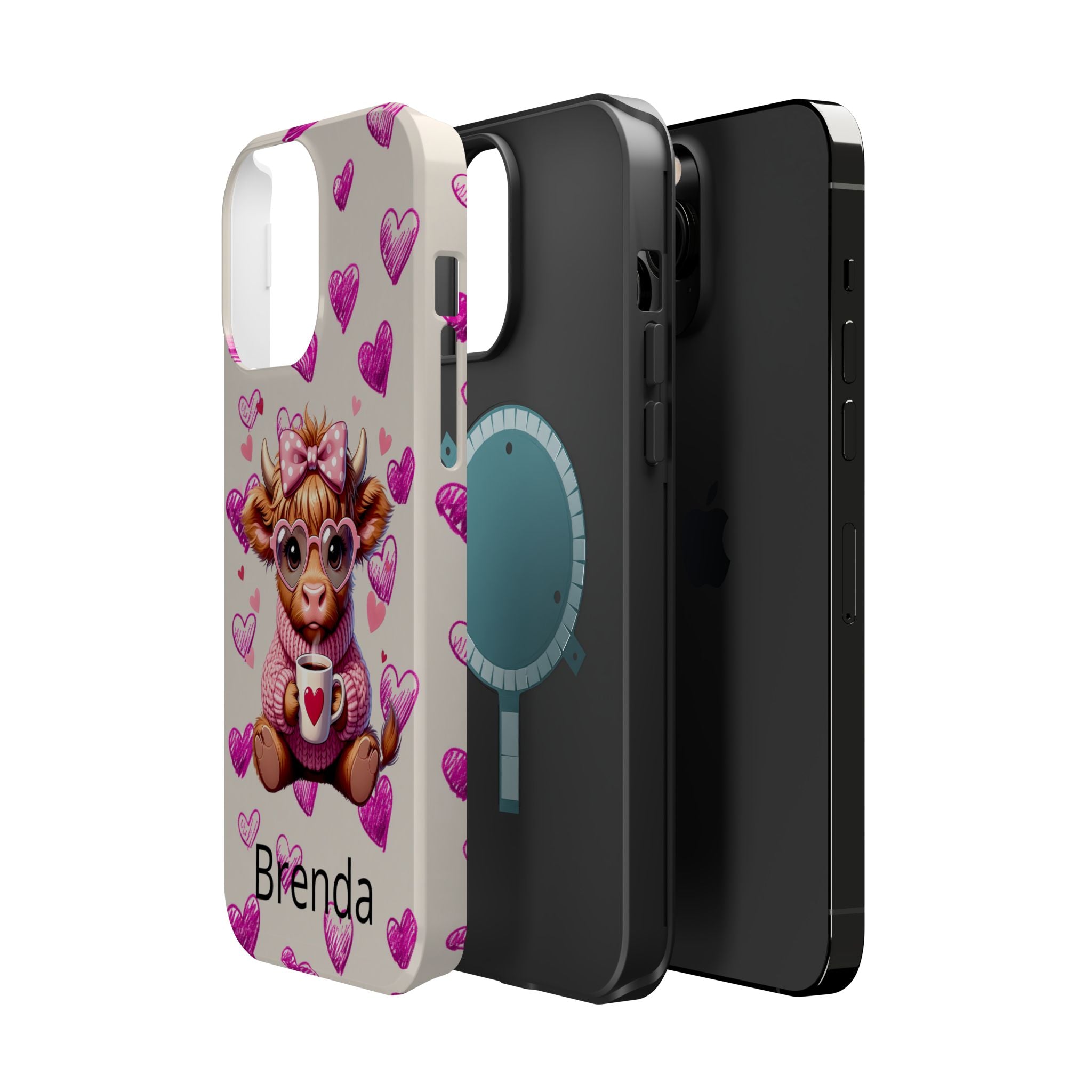 Highland Cow With Pink Hearts iPhone Case, Valentines Magnetic Impact-Resistant Case
