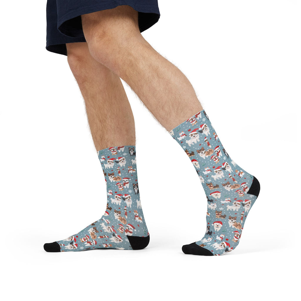 Christmas Dog Pattern Crew Socks — Holiday Huskies & Santa Pups Sublimation Socks